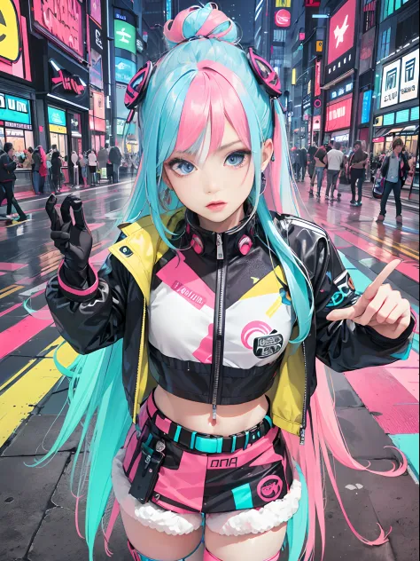 An anime illustration of a girl, cowboy shot, confident cyberpunk girl with sassy expression, ((Harajuku-inspired pop outfit and...