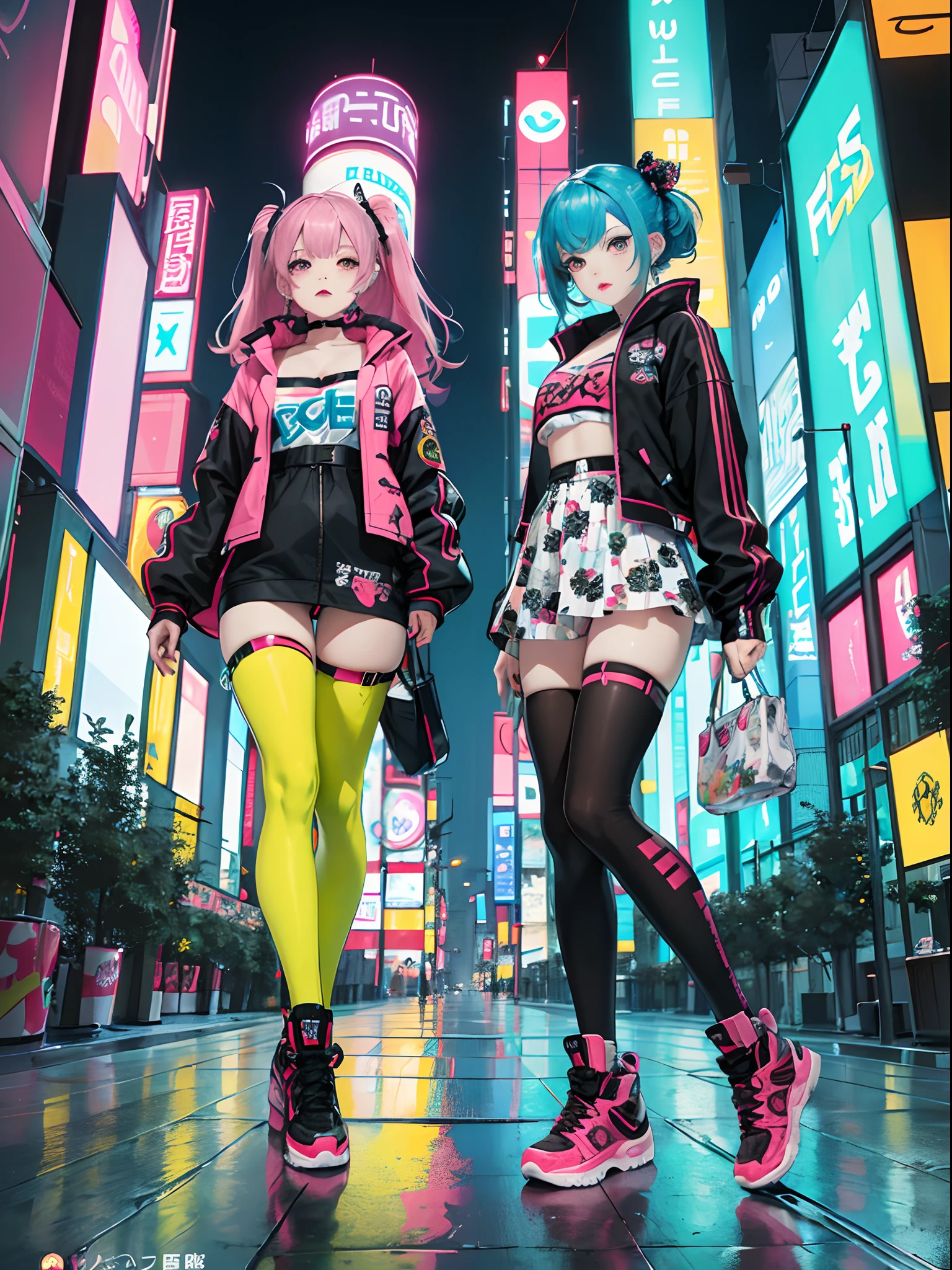 An animé illustration of 2 girls, filles cyberpunk confiantes avec une expression impertinente, ((Tenue pop et veste tech inspirées de Harajuku)), couleurs et motifs audacieux, des accessoires accrocheurs, coiffure tendance et innovante, maquillage vibrant, ((pose dynamique)), paysage urbain cyberpunk futuriste éblouissant, grattes ciels, enseignes au néon, lumières LED lumineuses, palette de couleurs vives et vives, animé, illustration, (beau visage détaillé), détails complexes, ultra détaillé.