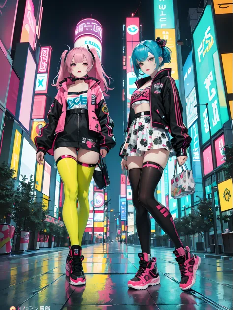 An anime illustration of 2 girls, confident cyberpunk girls with sassy expression, ((Harajuku-inspired pop outfit and tech jacke...