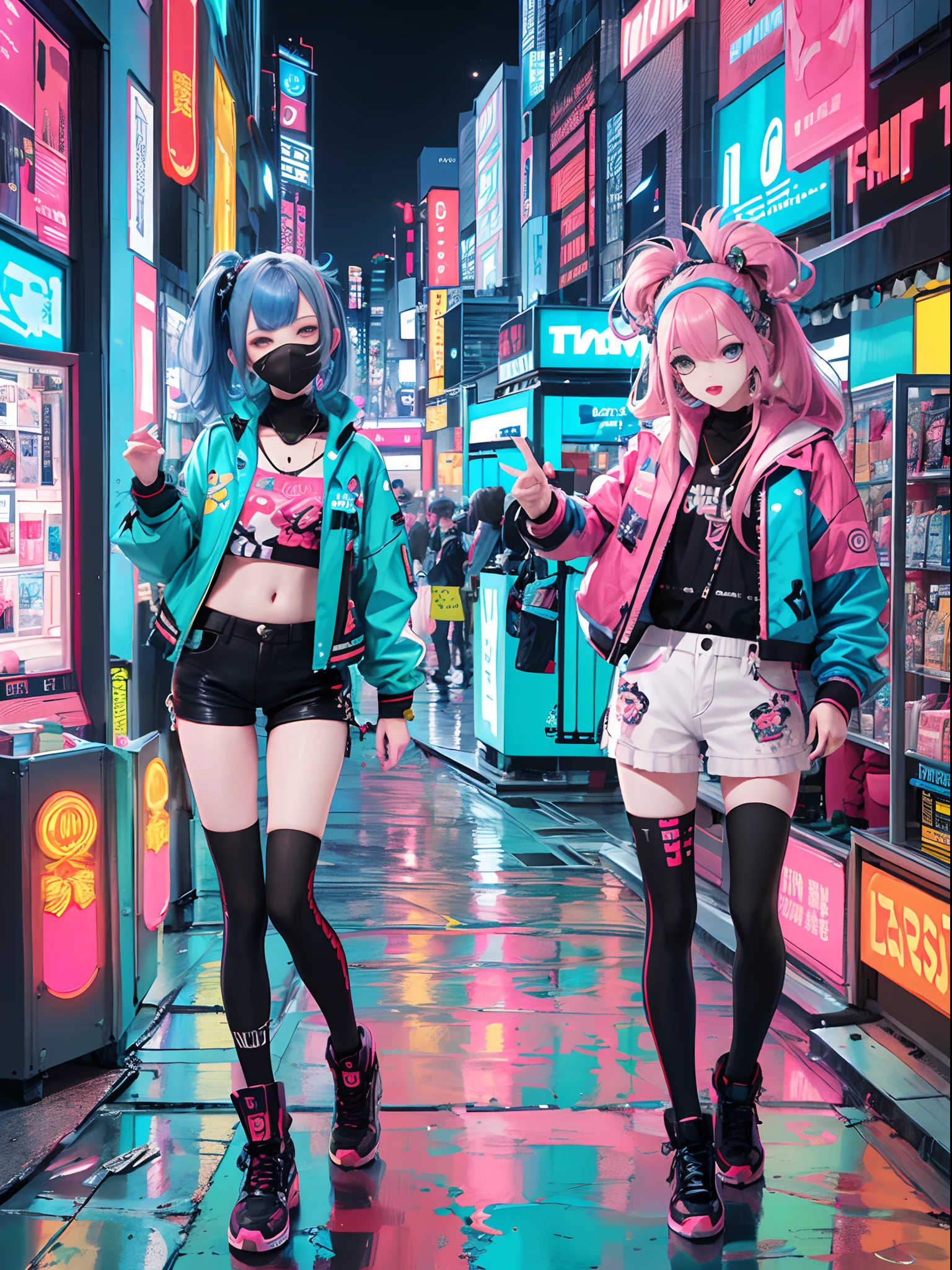 An animé illustration of 2 girls, filles cyberpunk confiantes avec une expression impertinente, ((Tenue pop et veste tech inspirées de Harajuku)), couleurs et motifs audacieux, des accessoires accrocheurs, coiffure tendance et innovante, maquillage vibrant, ((pose dynamique)), paysage urbain cyberpunk futuriste éblouissant, grattes ciels, enseignes au néon, lumières LED lumineuses, palette de couleurs vives et vives, animé, illustration, (beau visage détaillé), détails complexes, ultra détaillé.