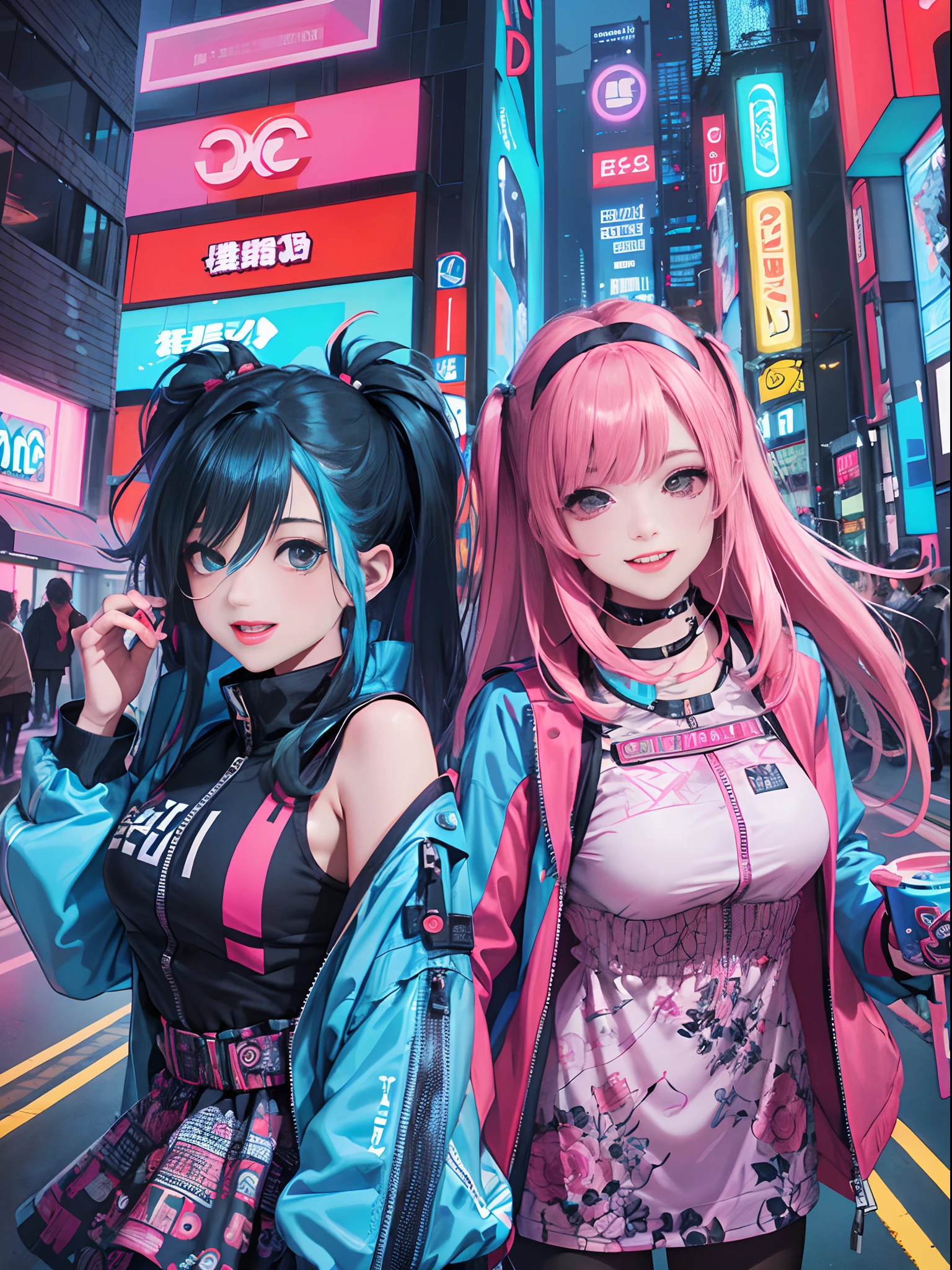 An 日本卡通 插圖 of 2 happy cyberpunk girls, 自信的賽博龐克女孩帶著微笑的表情, ((原宿風格的流行服裝和科技夾克)), 大膽的色彩和圖案, 引人注目的配件, 時尚創新的髮型, 充滿活力的妝容, ((動態姿勢)), 未來炫目的賽博龐克城市景觀, 摩天大樓, 霓虹燈, 發光的 LED 燈, 明亮生動的配色方案, 日本卡通, 插圖, (美麗細緻的臉), 複雜的細節, 超詳細.