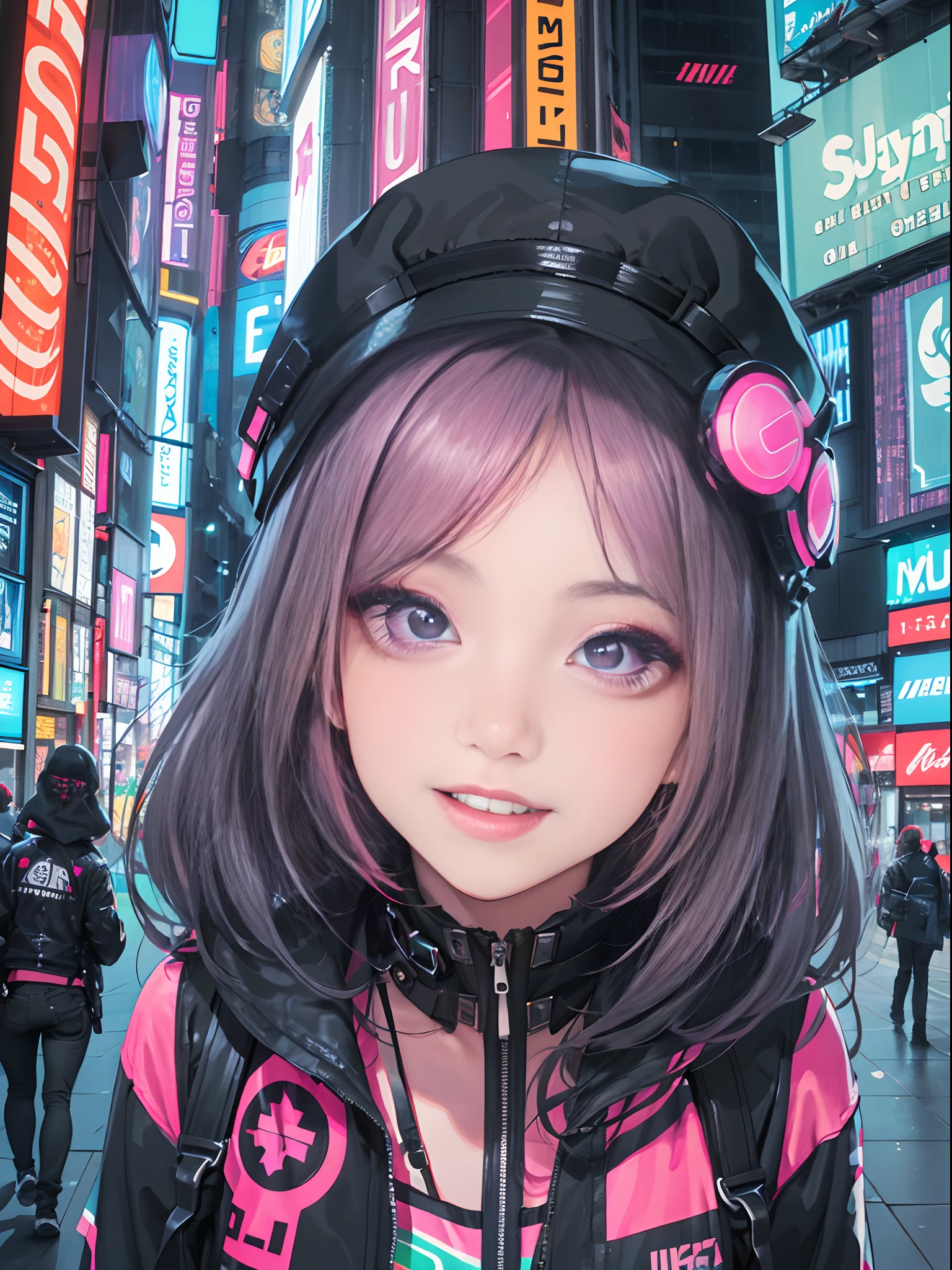 An animado ilustración of 2 happy cyberpunk girls, Chicas cyberpunk seguras con expresión sonriente, ((Traje pop inspirado en Harajuku y chaqueta tecnológica)), colores y patrones atrevidos, accesorios llamativos, peinado moderno e innovador, maquillaje vibrante, ((pose dinámica)), futurista deslumbrante paisaje urbano cyberpunk, rascacielos, señales de neón, luces LED brillantes, combinación de colores brillantes y vivos, animado, ilustración, (hermoso rostro detallado), detalles intrincados, ultra detallado.