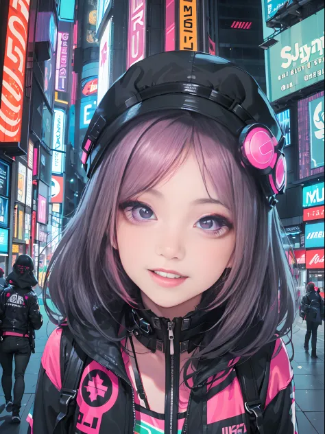 an anime illustration of 2 happy cyberpunk girls, confident cyberpunk girls with smiling expression, ((harajuku-inspired pop out...