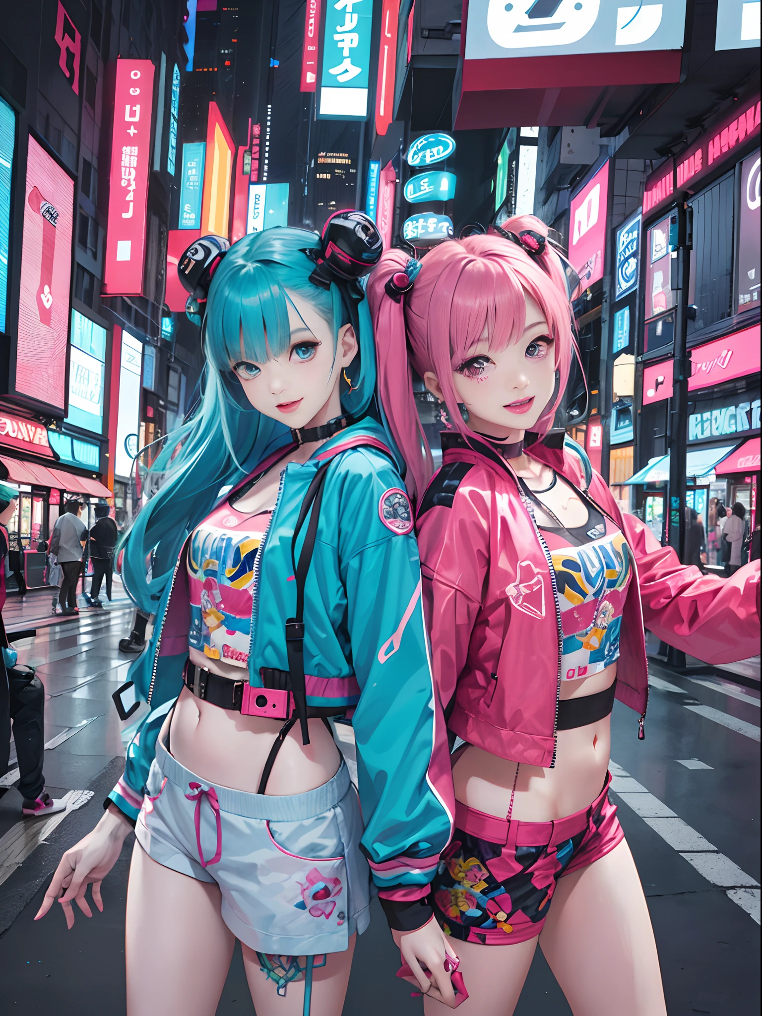 An 日本动画片 插图 of 2 happy cyberpunk girls, 自信的赛博朋克女孩带着笑容, ((原宿风流行服装和科技夹克)), 大胆的色彩和图案, 引人注目的配饰, 时尚新颖的发型, 充满活力的妆容, ((动态姿势)), 未来派炫目的赛博朋克城市景观, 摩天大楼, 霓虹灯, 发光 LED 灯, 明亮生动的配色方案, 日本动画片, 插图, (美丽细致的脸庞), 复杂的细节, 极其详细.