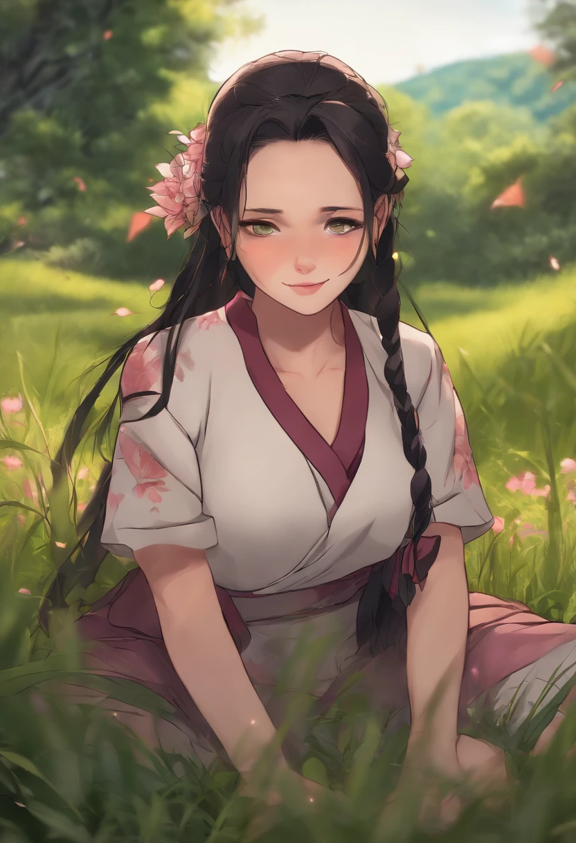 A woman sitting in the grass with long hair and a flower in her hair -  SeaArt AI