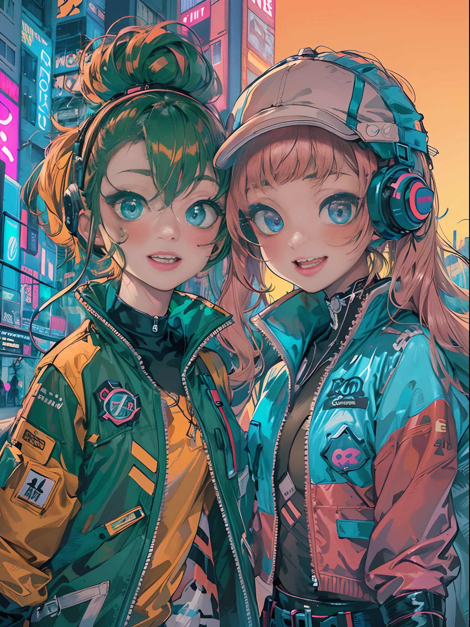An animé illustration of 2 happy cyberpunk girls, filles cyberpunk confiantes avec une expression souriante, ((Tenue pop et veste tech inspirées de Harajuku)), couleurs et motifs audacieux, des accessoires accrocheurs, coiffure tendance et innovante, maquillage vibrant, ((pose dynamique)), paysage urbain cyberpunk futuriste éblouissant, grattes ciels, enseignes au néon, lumières LED lumineuses, palette de couleurs vives et vives, animé, illustration, (beau visage détaillé), détails complexes, ultra détaillé.