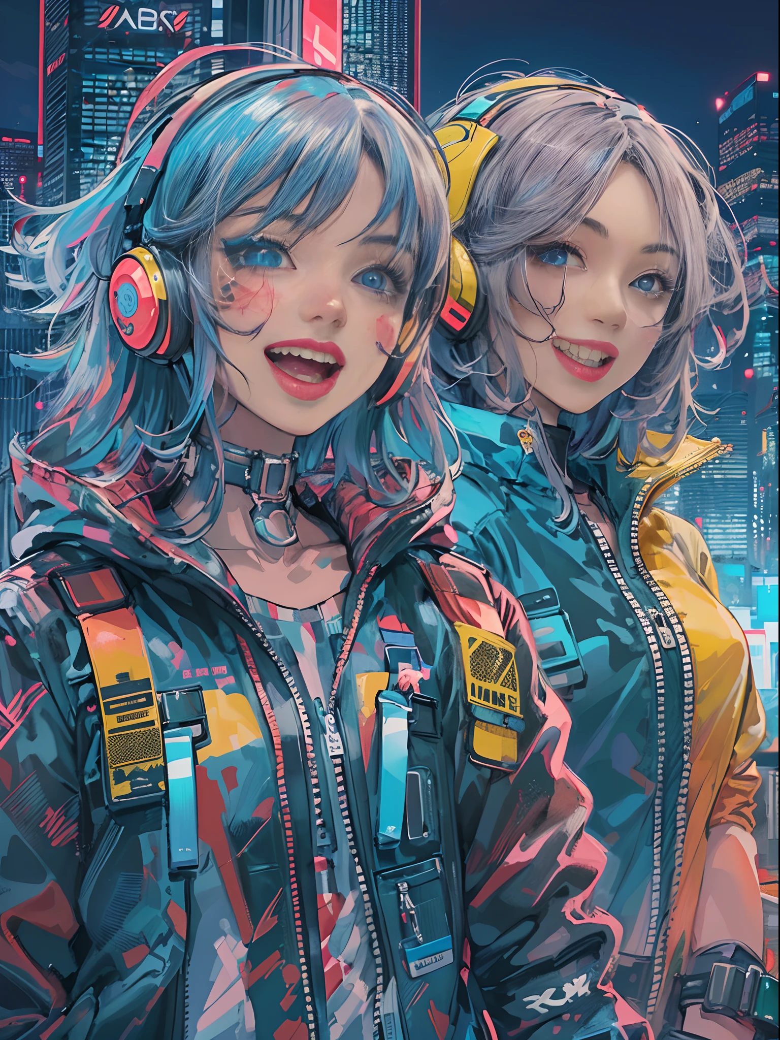 An アニメ 図 of 2 happy cyberpunk girls, 笑顔の自信に満ちたサイバーパンクの女の子, ((原宿風のポップな衣装とテックジャケット)), 大胆な色彩と模様, 目を引くアクセサリー, トレンディで革新的なヘアスタイル, 鮮やかなメイク, ((ダイナミックなポーズ)), 未来的なまばゆいばかりのサイバーパンクの街並み, 高層ビル, ネオン・サイン, 光るLEDライト, 明るく鮮やかな配色, アニメ, 図, (美しい細部までこだわった顔), 複雑な詳細, 超詳細.