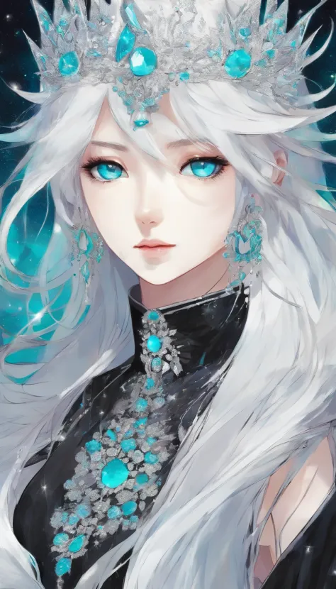 Girl with long straight white hair. One eye with a bright turquoise iris, the second with a dark gray iris. Under the right eye is a black star. Ballroom fluffy shiny black dress covered with crystals. Slim crown with black moon.