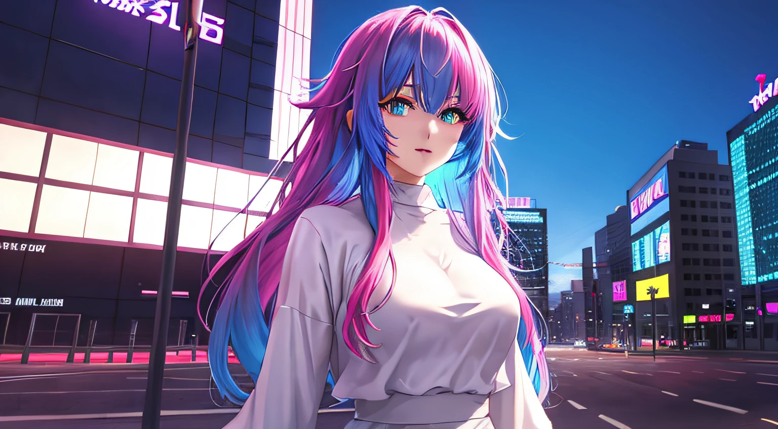 garota de anime com cabelo colorido e um top branco em pé em uma cidade, 8K, ciberpunk digital