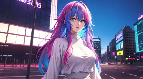anime girl with colorful hair and a white top standing in a city, 8k, digital cyberpunk