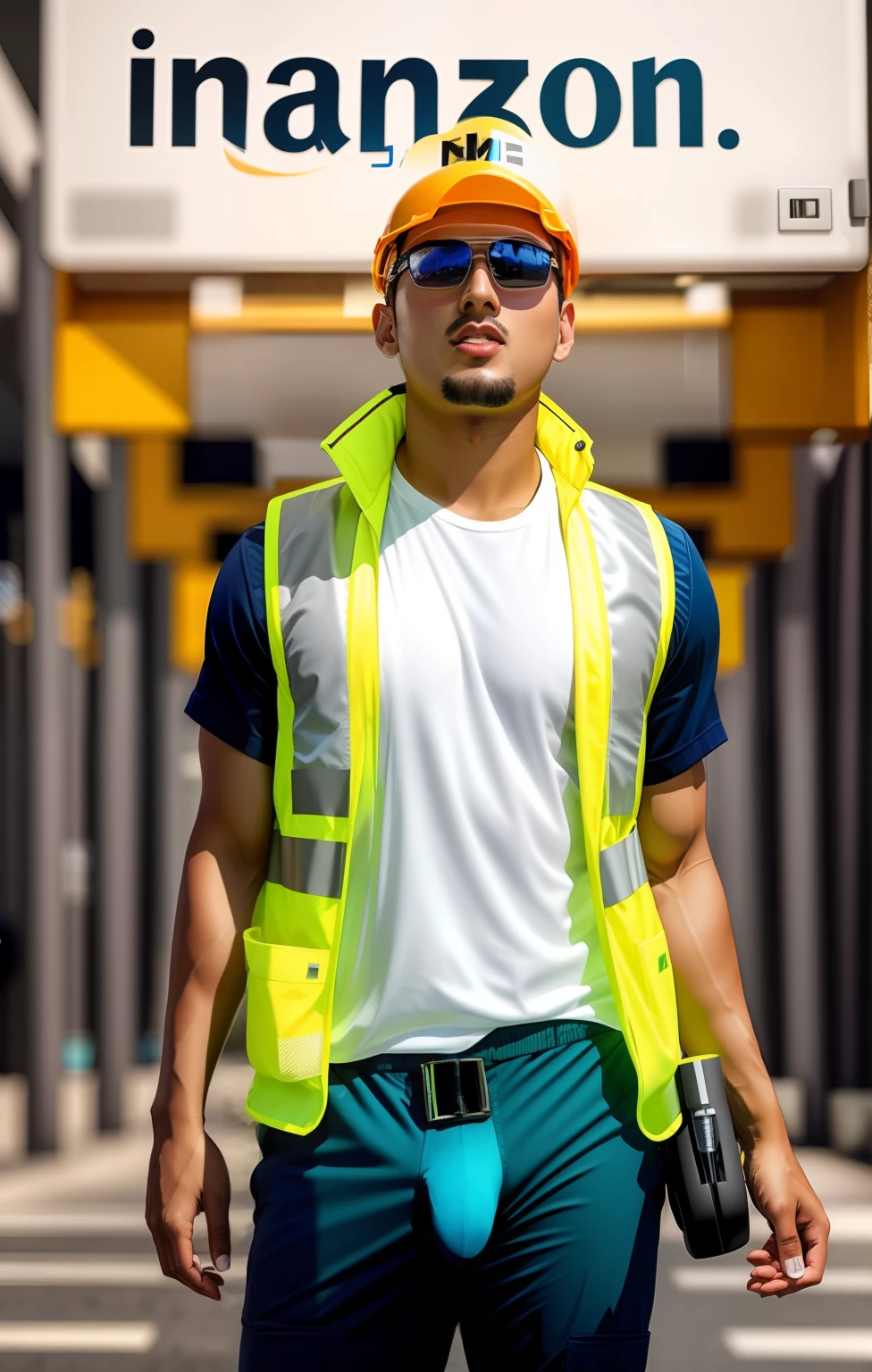 Arafed man in a yellow vest and blue pants walking down a street - SeaArt AI