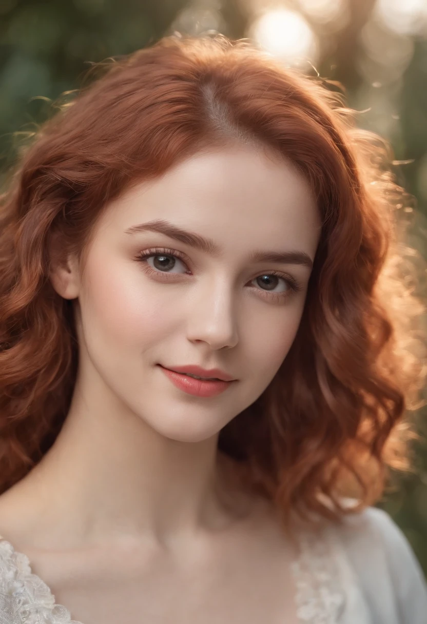 a pretty girl,, Red hair posing, Look at a camera and smile, red curly hair, (eyes browns:0.8), cute young face, 18 yo, soft volumetric lights, (back-illuminated:1.3), (Kinematic:1.3), details Intricate, (art-station:1.2)