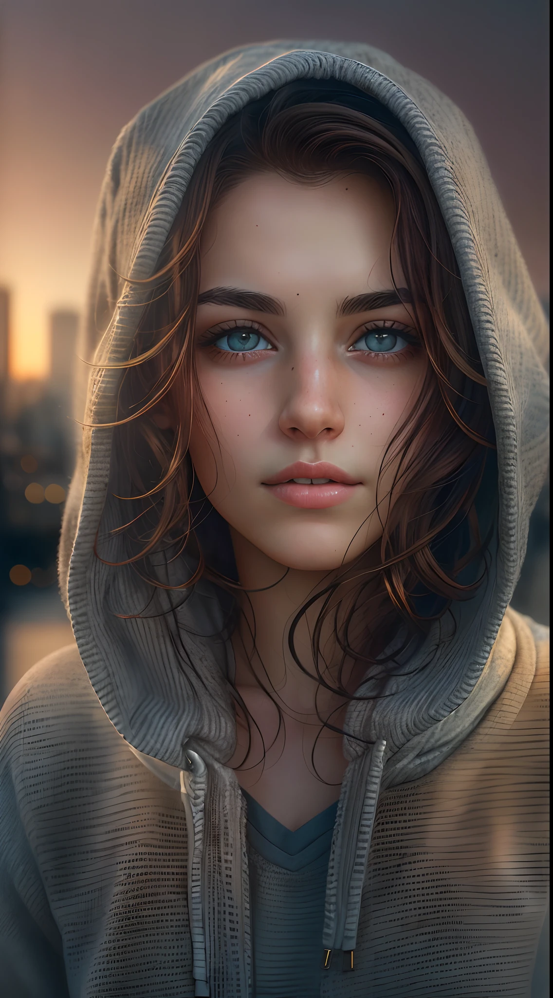 Portrait of a beautiful 22-year-old woman wearing a casual shirt with a hoodie and leggings standing in front of the city skyline at sunrise, Messy medium hair, slim body, Medium shot in the upper body, looking into the camera, short smile, shallow depth of field, 8K UHD, dslr, soft lighting, highs quality, Realistic Photos, Realism, hyperrealism, art photography