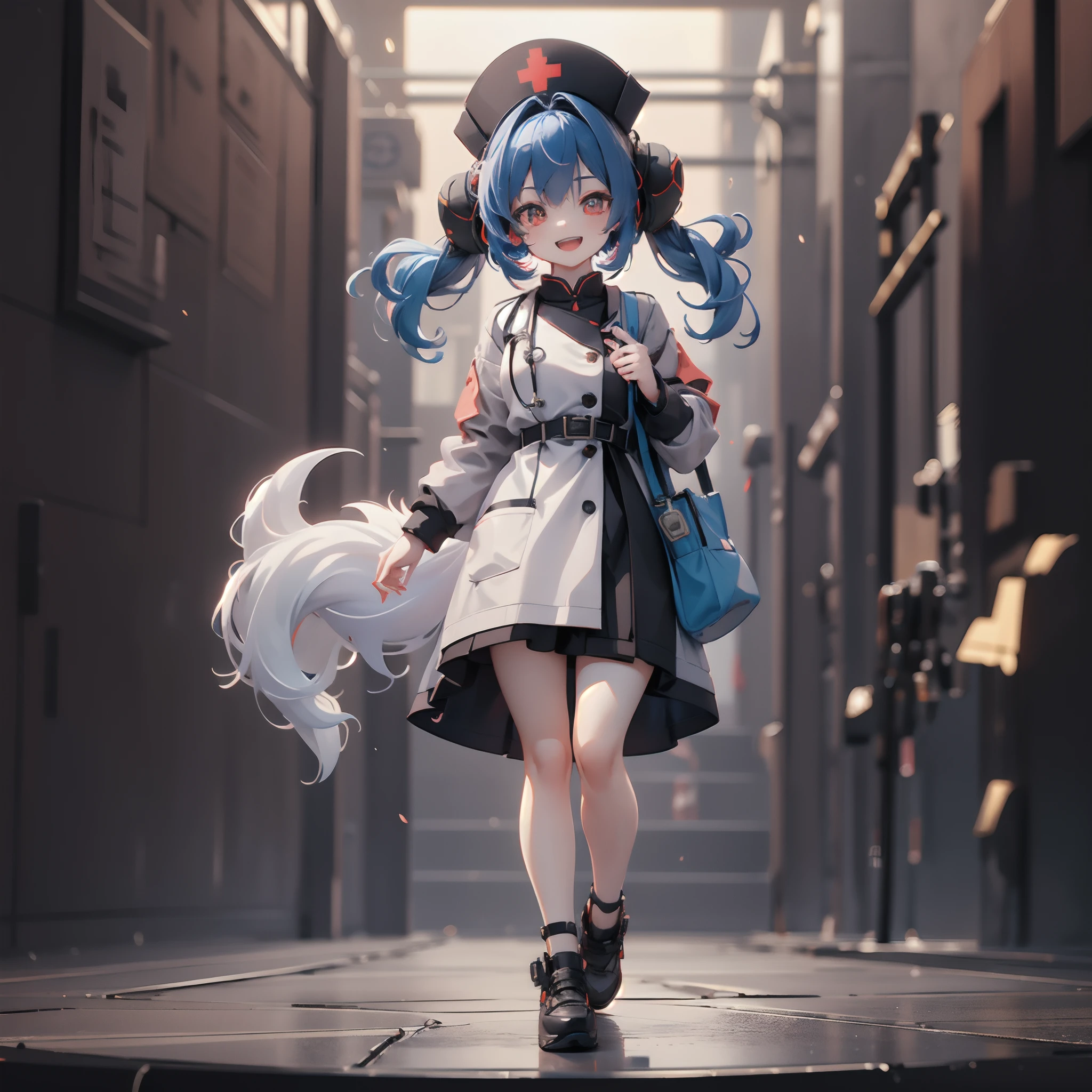 Anime girl with blue hair and a hat walking down a street - SeaArt AI