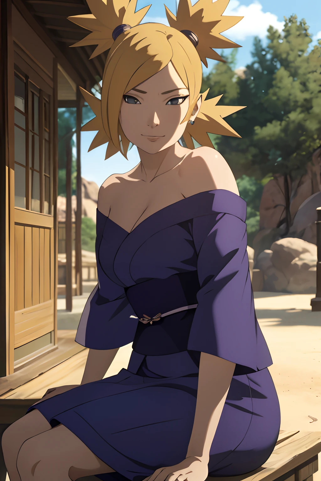 Masterpiece, absurderes , (Intricate details), (Colorful),cleavage，Off-the-shoulder attire，Cinematic lighting,Bust Up Shot,Extremely detailed Cg Unity 8K wallpaper,Temari\(Boruto\), 1girll, Mature female,blue kimono,  Sitting, Outdoors,Wind,  view the viewer,ssmile