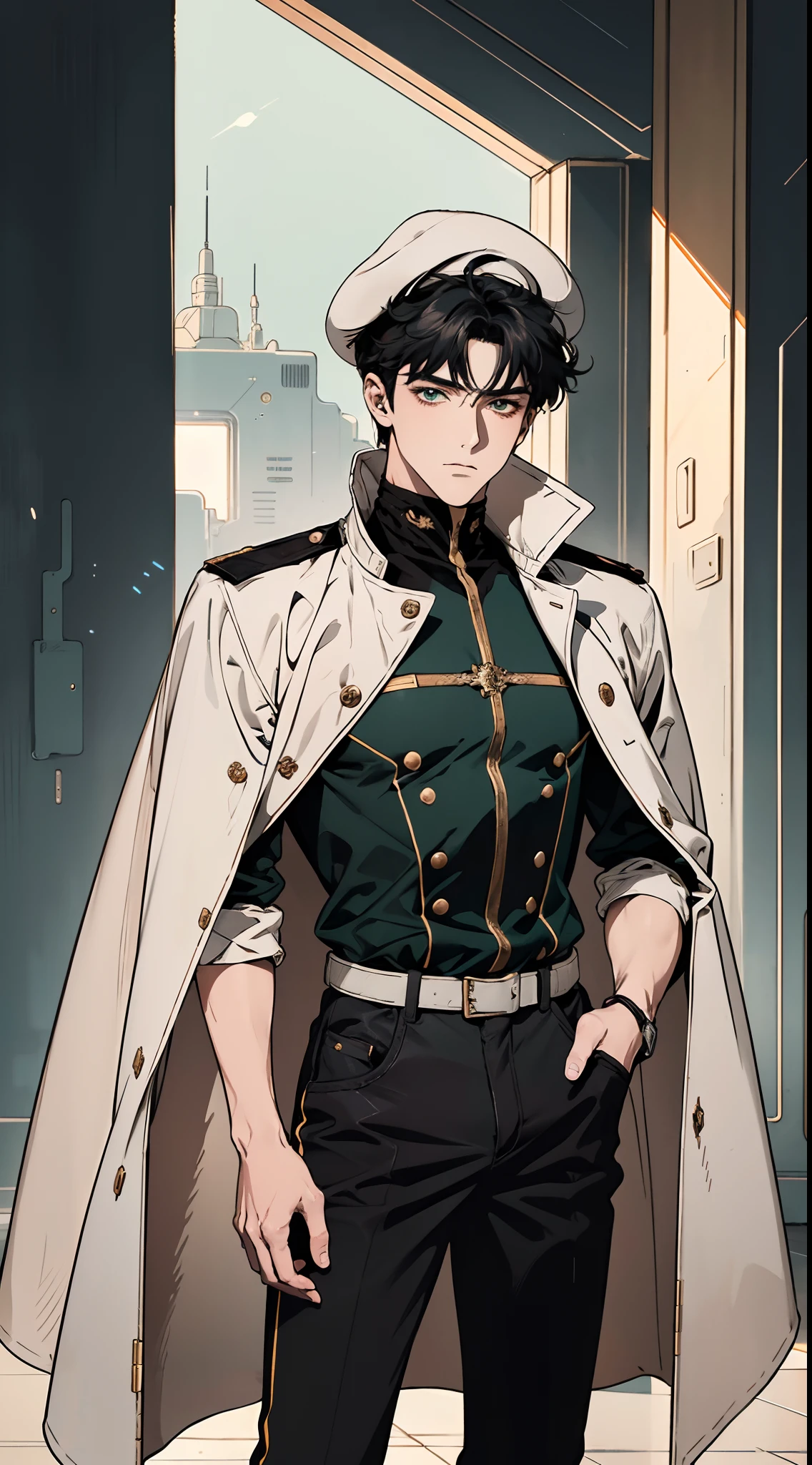 1 man, a man with black short hair, a beret on his head, icy and resolute eyes, a refined face, no expression, wears a two-piece futuristic military-style outfit, tall and slender, wears a light-colored Chinese-style undershirt, a short cape, primarily in shades of green and white, accented by touches of red and yellow, wears dark pants, holds a futuristic-style long metal rod in his hands, set within the futuristic sci-fi atmosphere of a spaceship, this character embodies a finely crafted a futuristic sci-fi military officer in anime style, characterized by an exquisite and mature manga illustration art style, high definition, best quality, highres, ultra-detailed, ultra-fine painting, extremely delicate, professional, anatomically correct, symmetrical face, extremely detailed eyes and face, high quality eyes, creativity, RAW photo, UHD, 8k, Natural light, cinematic lighting, masterpiece:1.5