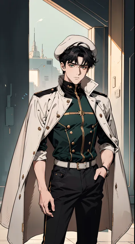 1 man, a man with black short hair, a beret on his head, icy and resolute eyes, a refined face, no expression, wears a two-piece futuristic military-style outfit, tall and slender, wears a light-colored Chinese-style undershirt, a short cape, primarily in ...