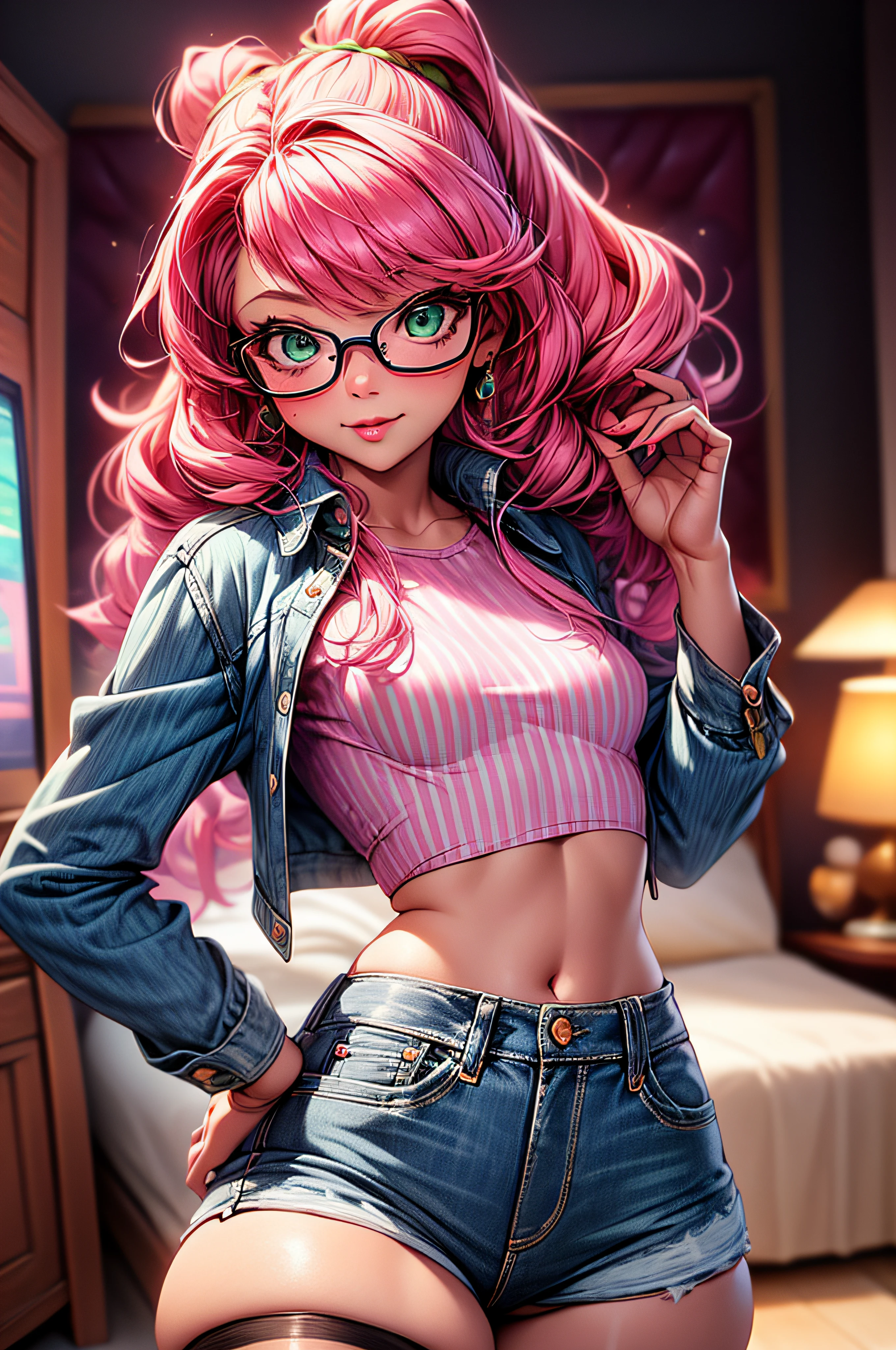 dreamlike, high angle shot, Best quality, Beautiful detailed, 1girl, small breasts, small hips, green eyes, pink hair, crop top, denim shorts, bedroom, striped thighhighs,pervert, , glasses,