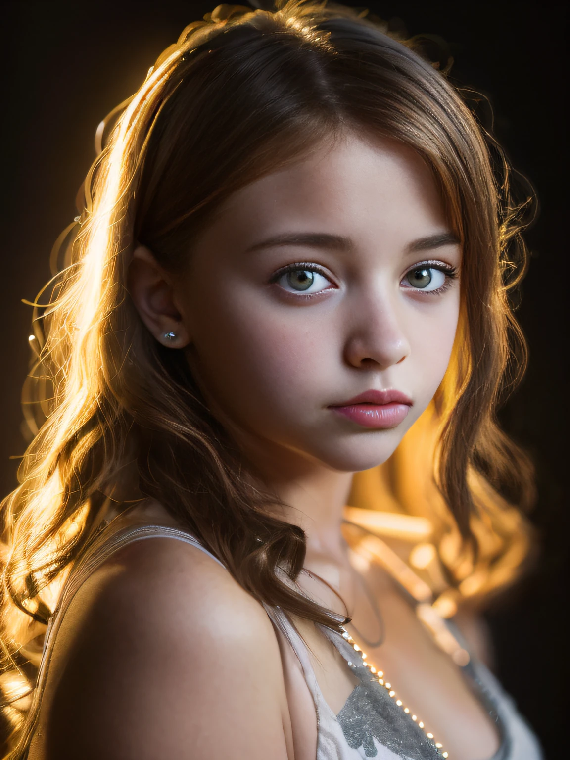Retrato de uma adolescente fofa de 13 anos com um rosto lindo e perfeito、Emila Poliakova、calcinha、trespassado、Olho grande、orgulhoso、seios são pequenos、tetas、brilha(Pesquisa privada obscura、luz escura e temperamental:1.2)