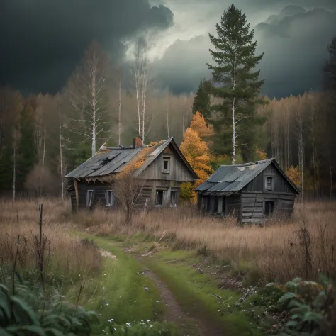 Old houses, forgotten houses, old village, dark forest, depressive atmosphere, Large bushes, thicket, Houses in the thickets, Tr...