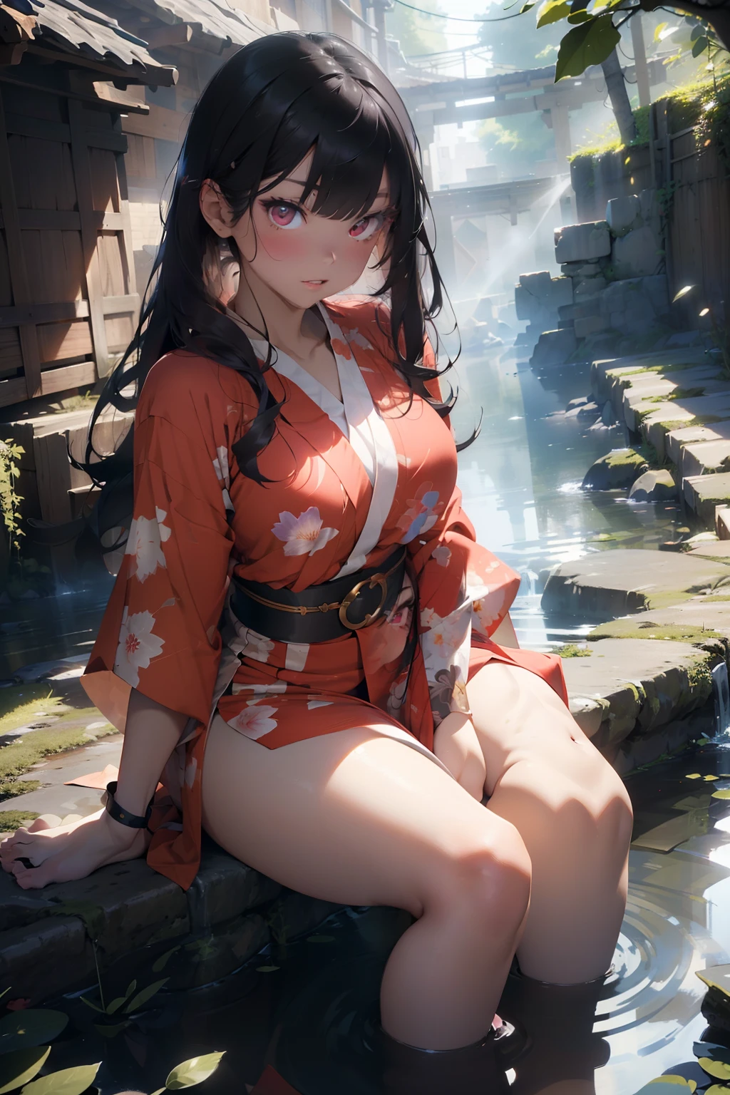 beautiful young woman, 4k, high quality, dynamic light, godrays, beautiful lighting, dynamic lighting and shadows, light through foliage, big breasts, highlights, shining skin, glowing lights, bright reflections, shimmering light reflections, kimono, purple and black kimono, long black hair, straight bangs, red eyes, glaring, big plump soft lips, thick lips, katana on belt, kimono dress, long flowing dress, leg slit, hot springs