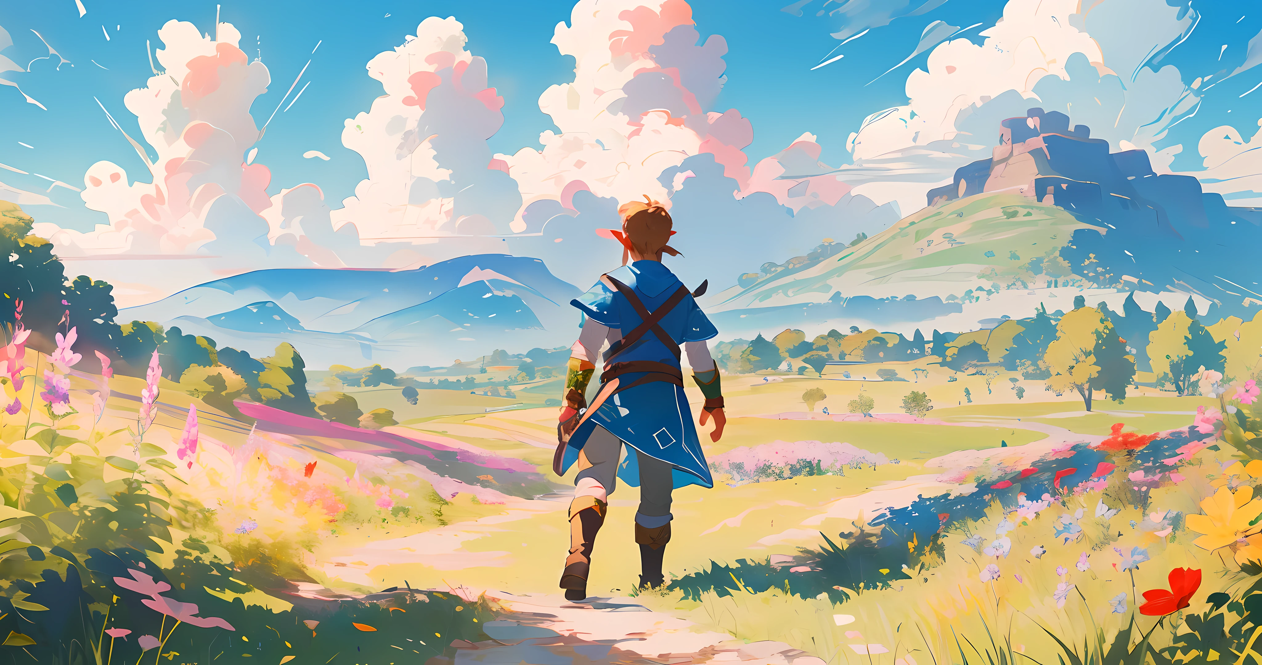 (Award Winning Digital Artwork:1.3) of (Ultra detailed:1.3) solo male, 1 guy, (bright blue eyes), (short blond hair, small ponytail with bangs and side locks 1.3), beautiful forest, handsome, straps, gorgeous,CGSociety,ArtStation, forest, fantasy, breath of the wild, botw, Hyrule kingdom, rolling hills, amazing background, beautiful fields, (wildlife) wide open fields, dancing grass, blue skies, lovely skies, big clouds, masterpiece, perfections, wallpaper, 8k, link, tloz, ((handsome elf man)) adventurer, on an adventure