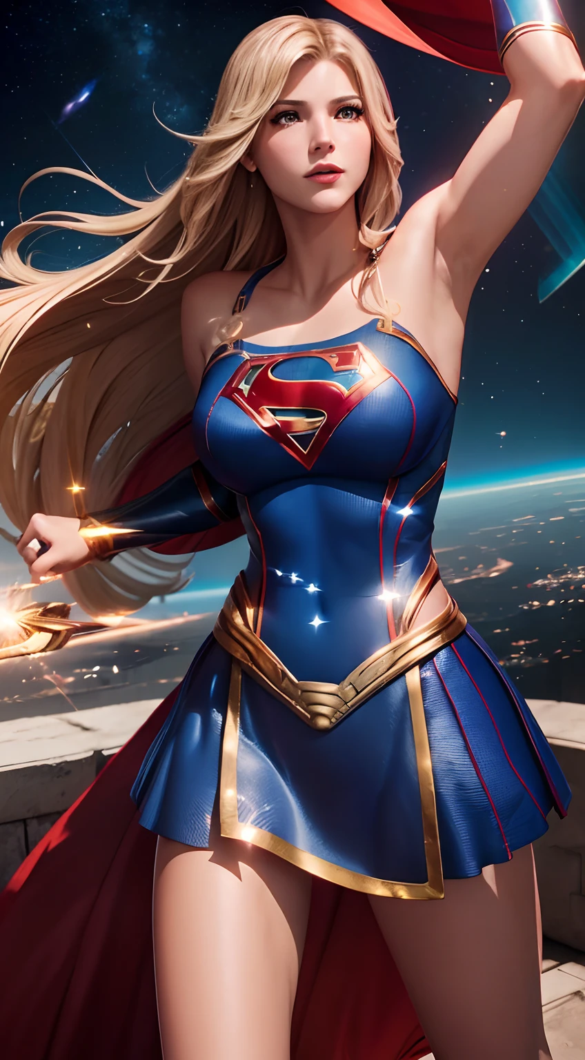 high cinematic quality, fotografia profissional, cena de fantasia, Supergirl stopping a missile, supergirl usa terno preto e dourado, terno sexy,com uma camada flutuante e um "s" No peito. Totally sexy in sensual dynamic pose, Fantasia Sexy Supergirl .