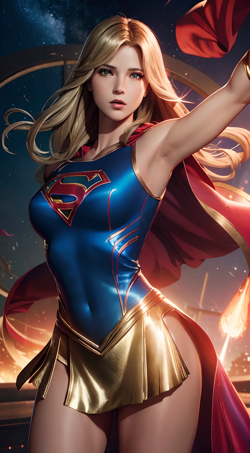 alta qualidade cinematográfica, fotografia profissional, cena de fantasia, Supergirl parando um míssil, supergirl usa terno preto e dourado, terno sexy,com uma camada flutuante e um "s" No peito. Totalmente sexy em pose dinâmica sensual, Fantasia Sexy Supergirl .