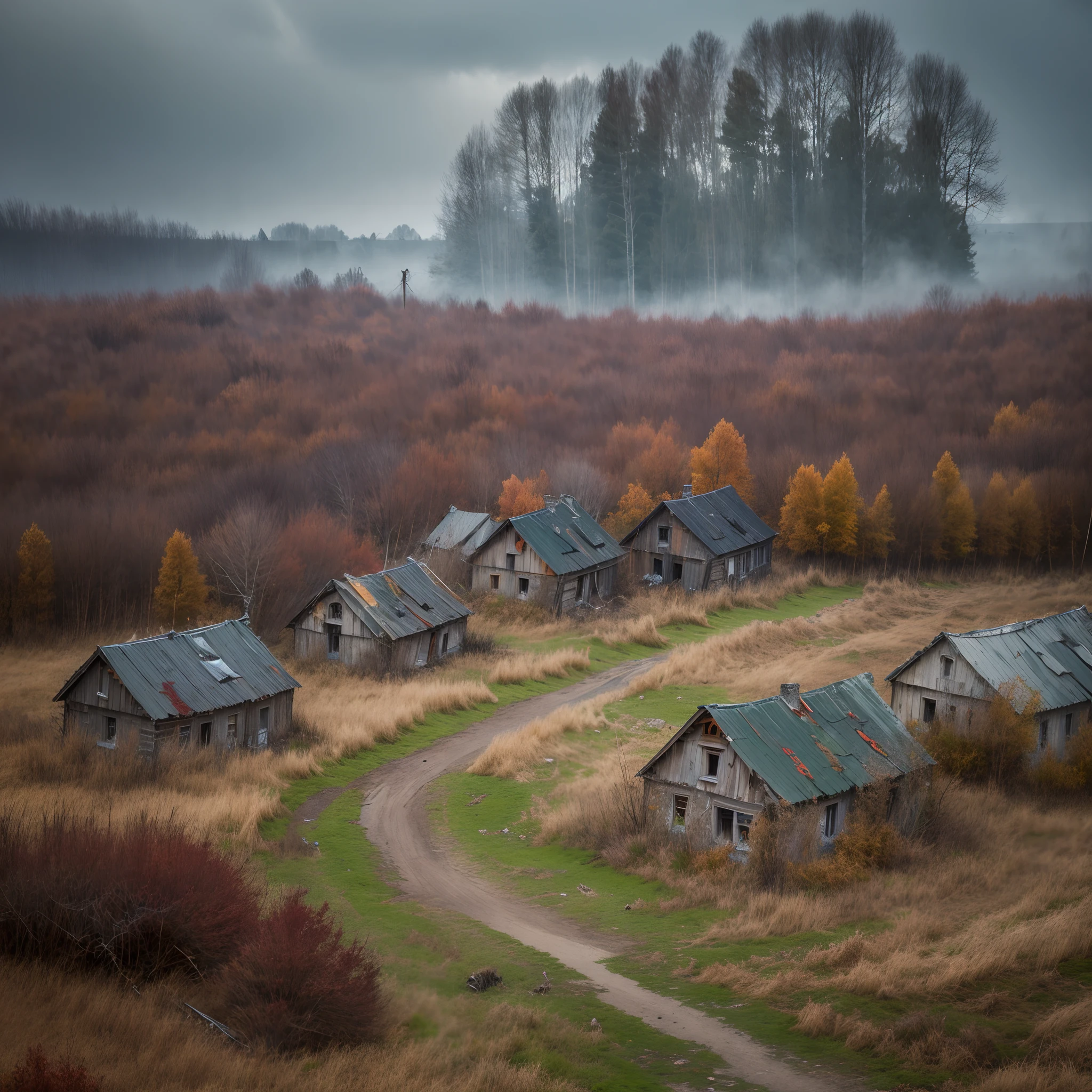 Pueblo podrido, La aldea muerta, Un pueblo en ruinas, Caos en el campo, Anhelo y dolor, Desesperación y dolor. El vacío despertó en el pueblo. El vacío se instala y el mundo muere.. El otoño será eterno. El vacío es inevitable. No hay futuro para este mundo. Flores rojas como la sangre sobre la hierba marchita