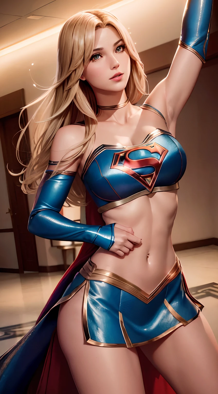 Alta calidad cinematográfica, fotografía profesional, escena de fantasía, Supergirl deteniendo un misil, Supergirl viste traje negro y dorado, terno sexy,con una capa flotante y un "s" En el pecho. Totalmente sexy en pose dinámica sensual, Fantasía Sexy Supergirl .