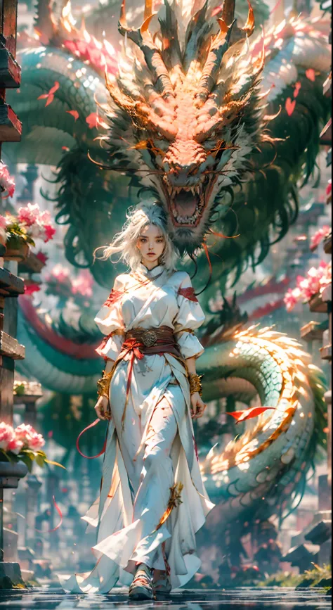 The Chinese White Divine Dragon rose into the air，（Chica manipula dragones：1.3），（The girl has her back to the camera：1.3），Las nu...