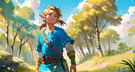(Award Winning Digital Artwork:1.3) of (Ultra detailed:1.3) solo male, 1 guy, (bright blue eyes), (short blond hair, small ponytail with bangs and side locks 1.3), beautiful forest, handsome, straps, gorgeous,CGSociety,ArtStation, forest, fantasy, breath of the wild, botw, Hyrule kingdom, amazing background, beautiful forest, (wildlife) beautiful, dancing grass, blue skies, lovely skies, big clouds, masterpiece, perfection, wallpaper, 8k, link, tloz, ((handsome elf man)) adventurer, on an adventure
