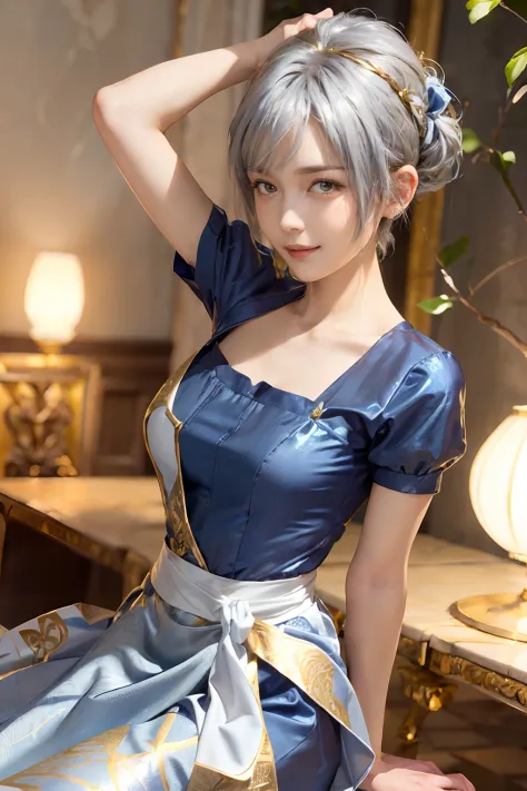 ((top-quality、8K、​masterpiece:1.3)), (a pixie cut, Beautiful hairstyle, Silver hair:1.5)、(Cute pattern in gold leaf,  Delicate w...