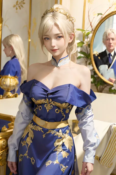 ((top-quality、8K、​masterpiece:1.3)), (Longhaire, Beautiful hairstyle, Platinum Blonde Hair:1.5)、(Cute pattern in gold leaf,  Del...
