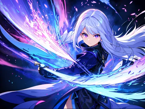 Colorful, 1girll, White hair, Purple eyes, holdingsword, Blue Flame, glowing weapon, Light particles, the wallpaper, color diffe...