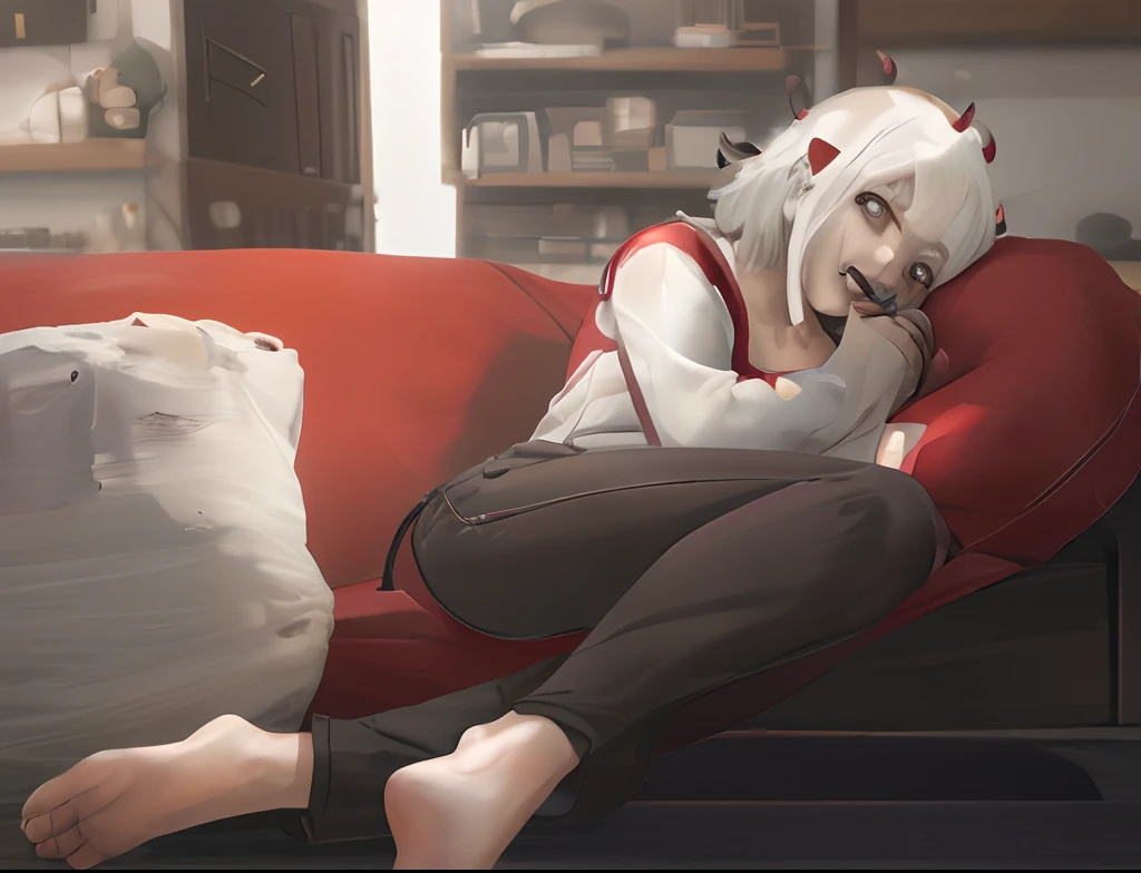 Anime character sitting on a red couch with a cat on it - SeaArt AI