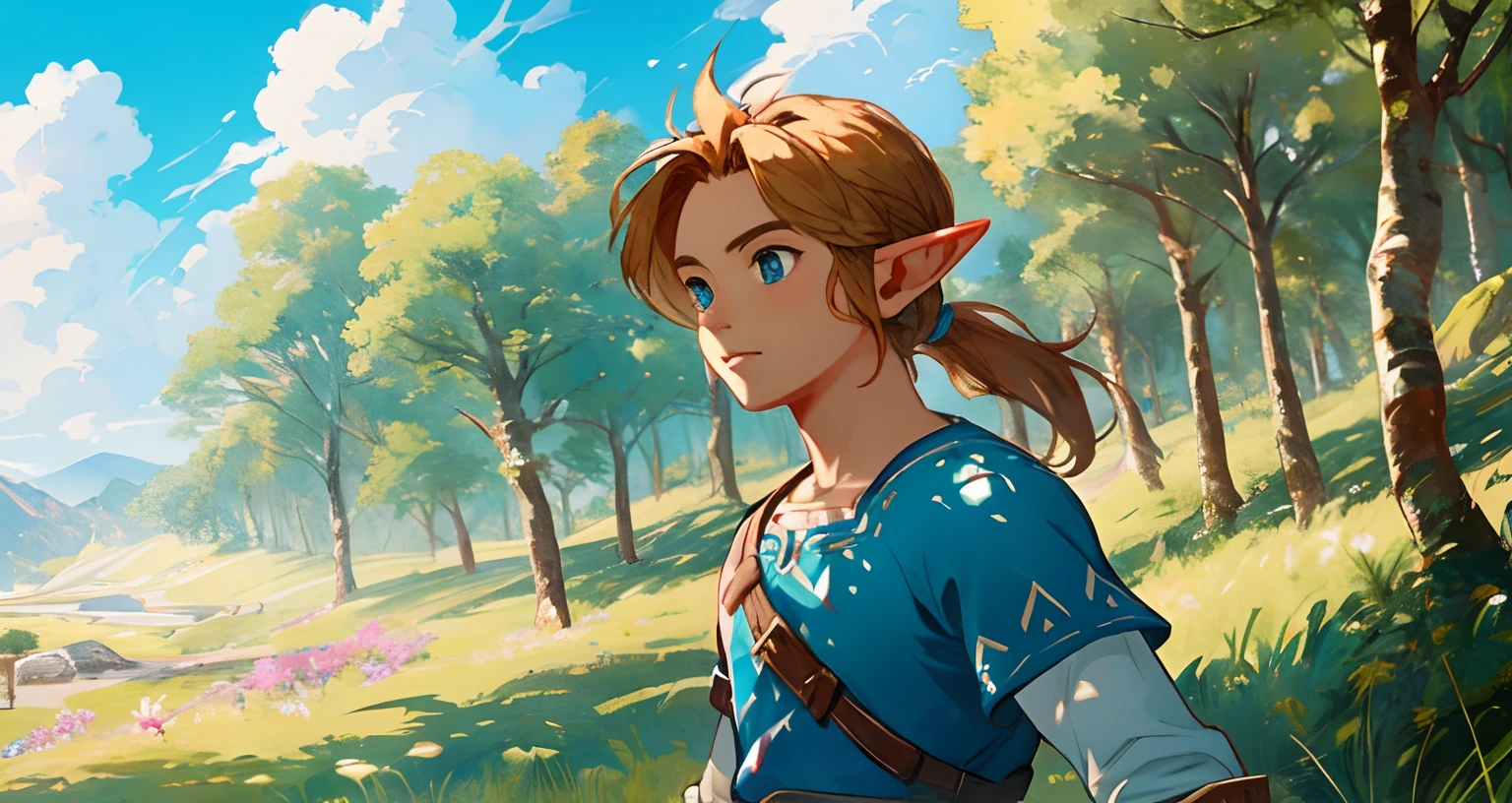 (Award Winning Digital Artwork:1.3) of (Ultra detailed:1.3) solo male, 1 guy, (bright blue eyes), (short blond hair, small ponytail with bangs and side locks 1.3), beautiful forest, handsome, straps, gorgeous,CGSociety,ArtStation, forest, fantasy, breath of the wild, botw, Hyrule kingdom, amazing background, beautiful forest, (wildlife) beautiful, dancing grass, blue skies, lovely skies, big clouds, masterpiece, perfection, wallpaper, 8k, link, tloz, ((handsome elf man)) adventurer, on an adventure