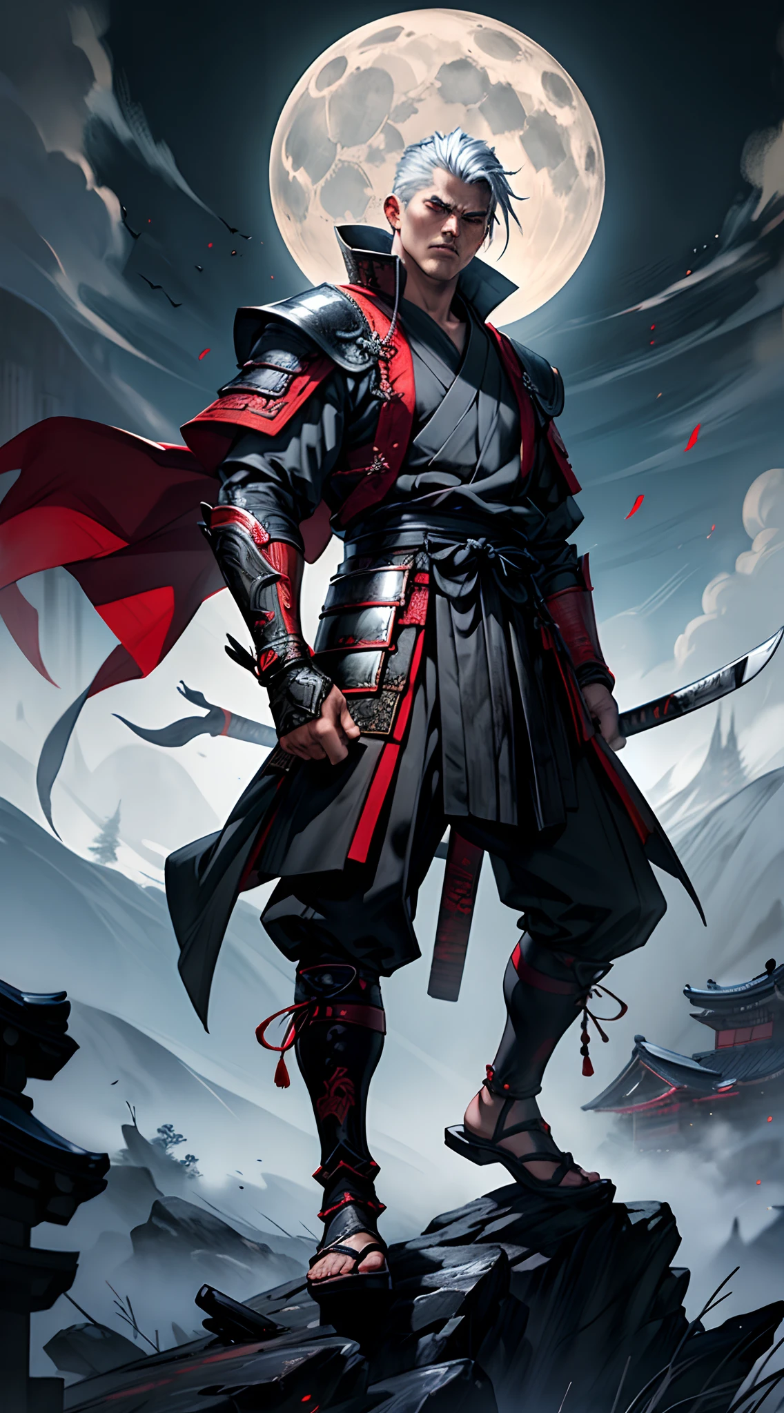 (Man warrior), (legendary assassin), (devils eyes), (best quality,photo-realistic), full body shot, look at viewer, white short hair, black and red, Japanese traditional art style, ink painting style, dark and mysterious atmosphere, moonlight, dramatic lighting, traditional Japanese tattoo, samurai armor, lone warrior, dramatic moon background ,depth and focus on the main character,