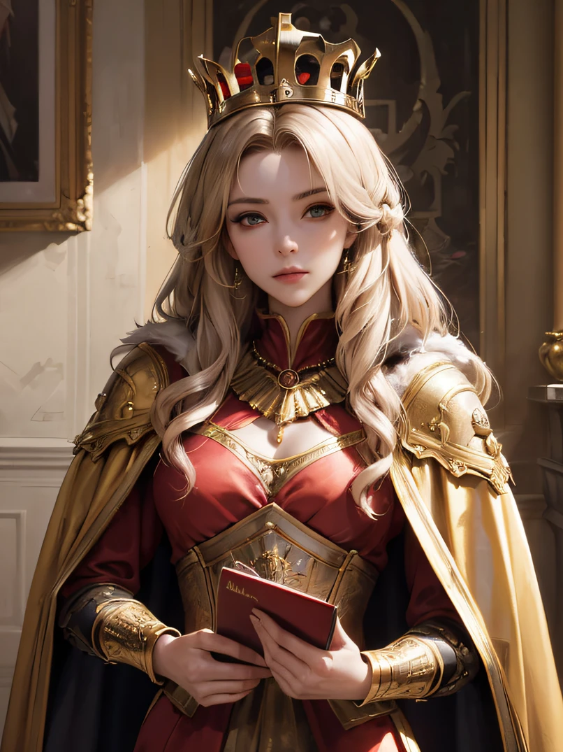 (top-quality、masuter piece:1.3)、reallistic、Realistic、bustshot、Upper body portrait、analog style、face lights、Stunning portrait of a beautiful woman、One woman、((Warrior Queen Armor、Fur-lined cape、Luxurious red cloak、Golden crown adorned with precious stones))、serious、glistning skin、Blonde Beauty、blue eyes、Sharp eyes、hyperdetailed face、A detailed eye、slim figure、Notebook in hand、Detailed hand depiction、inside in room、Against the backdrop of the Gothic walls of a medieval palace、Look at viewers
