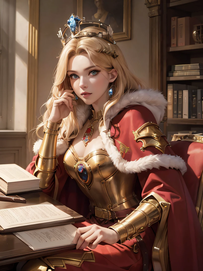 (top-quality、masuter piece:1.3)、reallistic、Realistic、cowboy  shot、analog style、face lights、Stunning portrait of a beautiful woman、One woman、((Warrior Queen Armor、Fur-lined cape、Luxurious red cloak、Golden crown adorned with precious stones))、serious、glistning skin、Blonde Beauty、blue eyes、Sharp eyes、hyperdetailed face、A detailed eye、slim figure、desk work、Lots of books、Write in a note、Detailed hand depiction、Soft stool、Gothic study of a medieval palace、Look at viewers