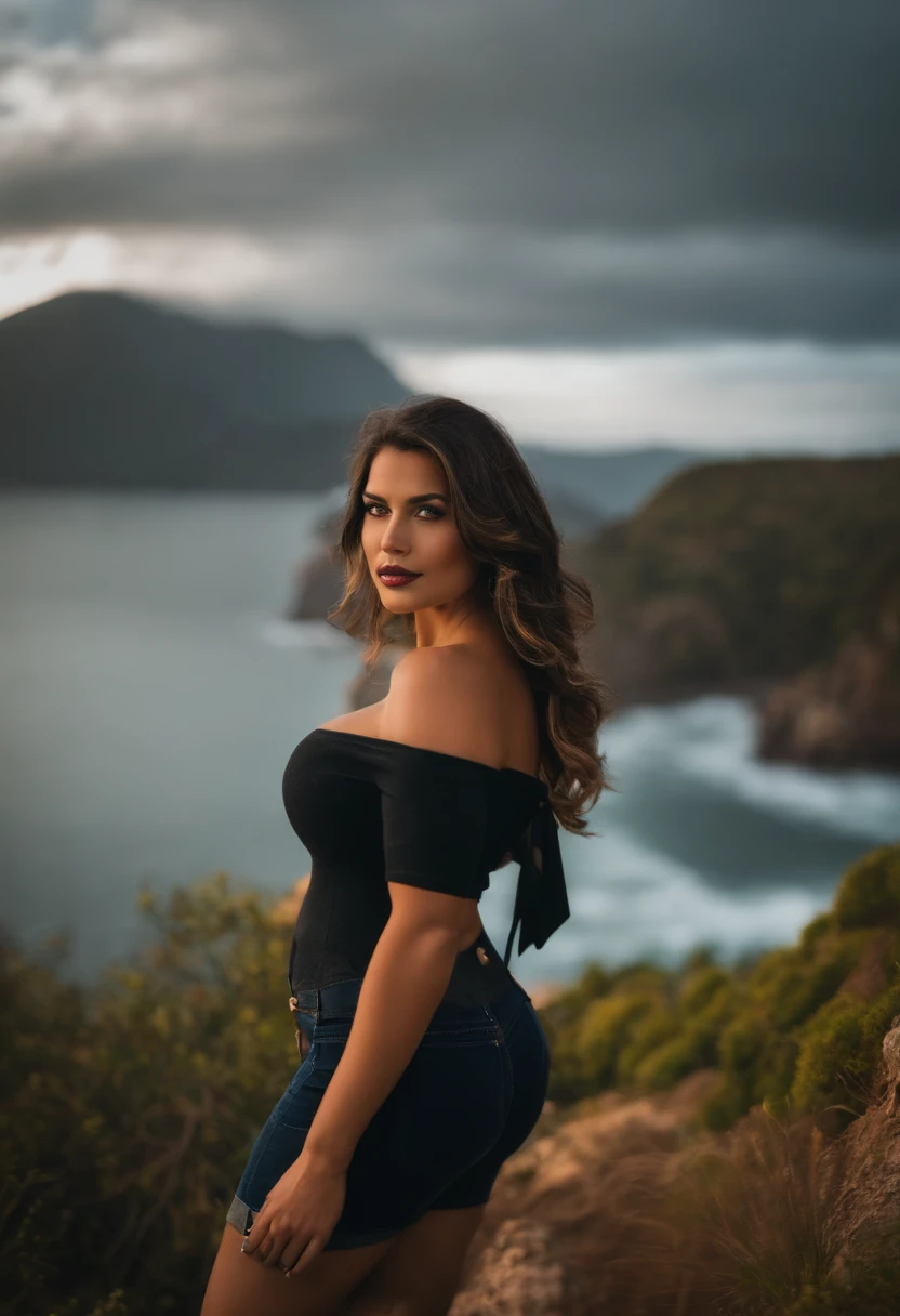 A woman in a black top and shorts standing on a cliff overlooking the ocean  - SeaArt AI