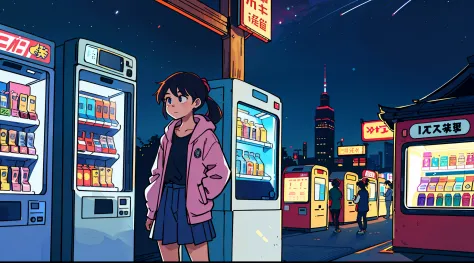 Girl in her 20s, (with vending machines lined up), Japan, ((night)), 90s,
(Best Quality: 0.8), (Best Quality: 0.8), Perfect Anim...