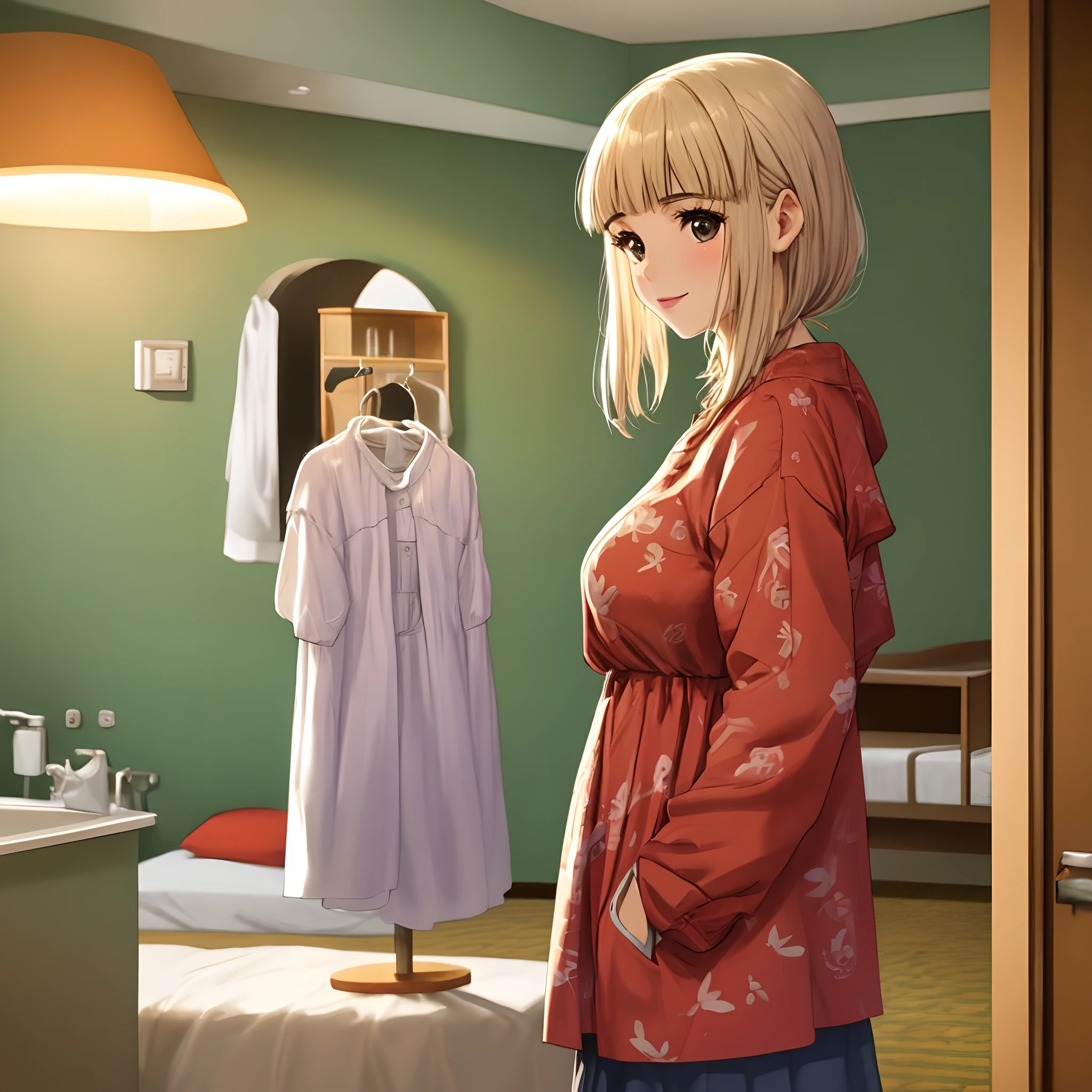 Anime - style image of a woman standing in a room with a dress on a  mannequin - SeaArt AI