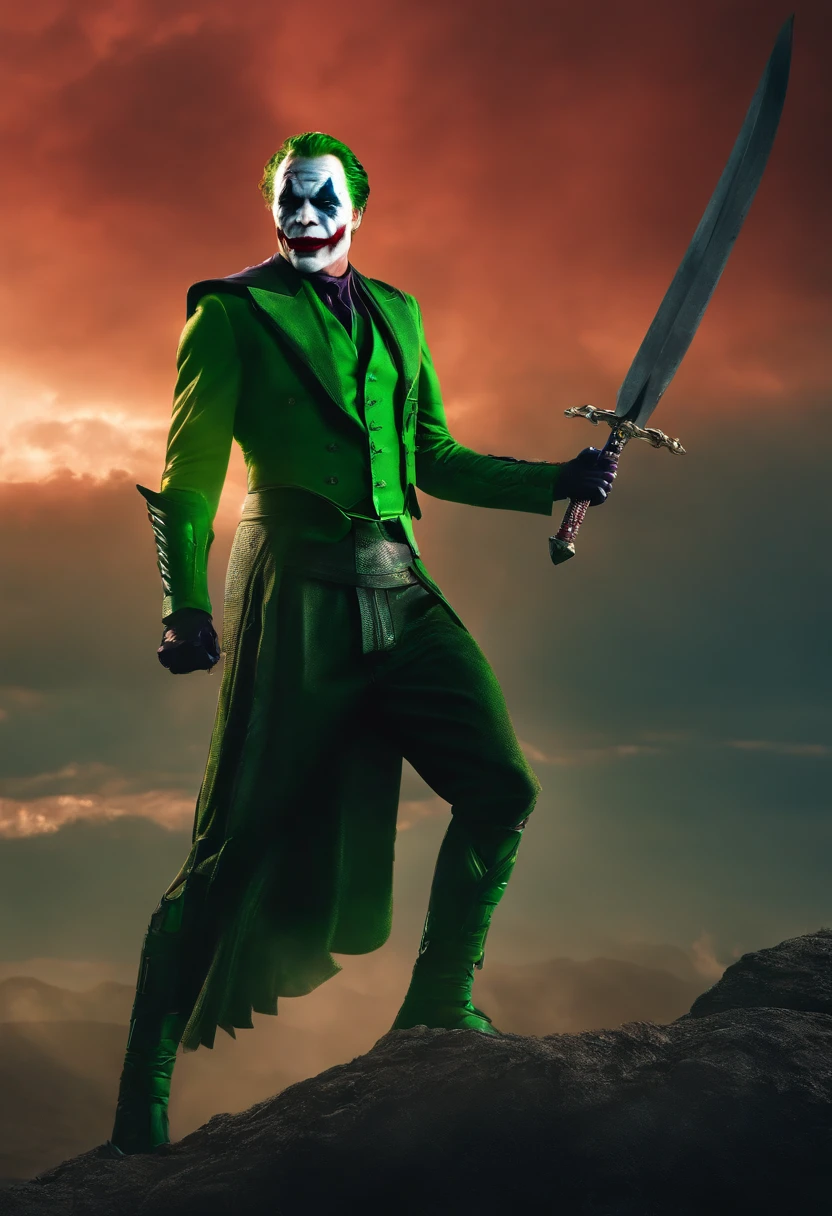 the joker as a spartan warrior, jumping in the air, a neon green sword in his hands, the sky is a pale hunter green, dying spartans on the ground , bloody armor, epic, 8k