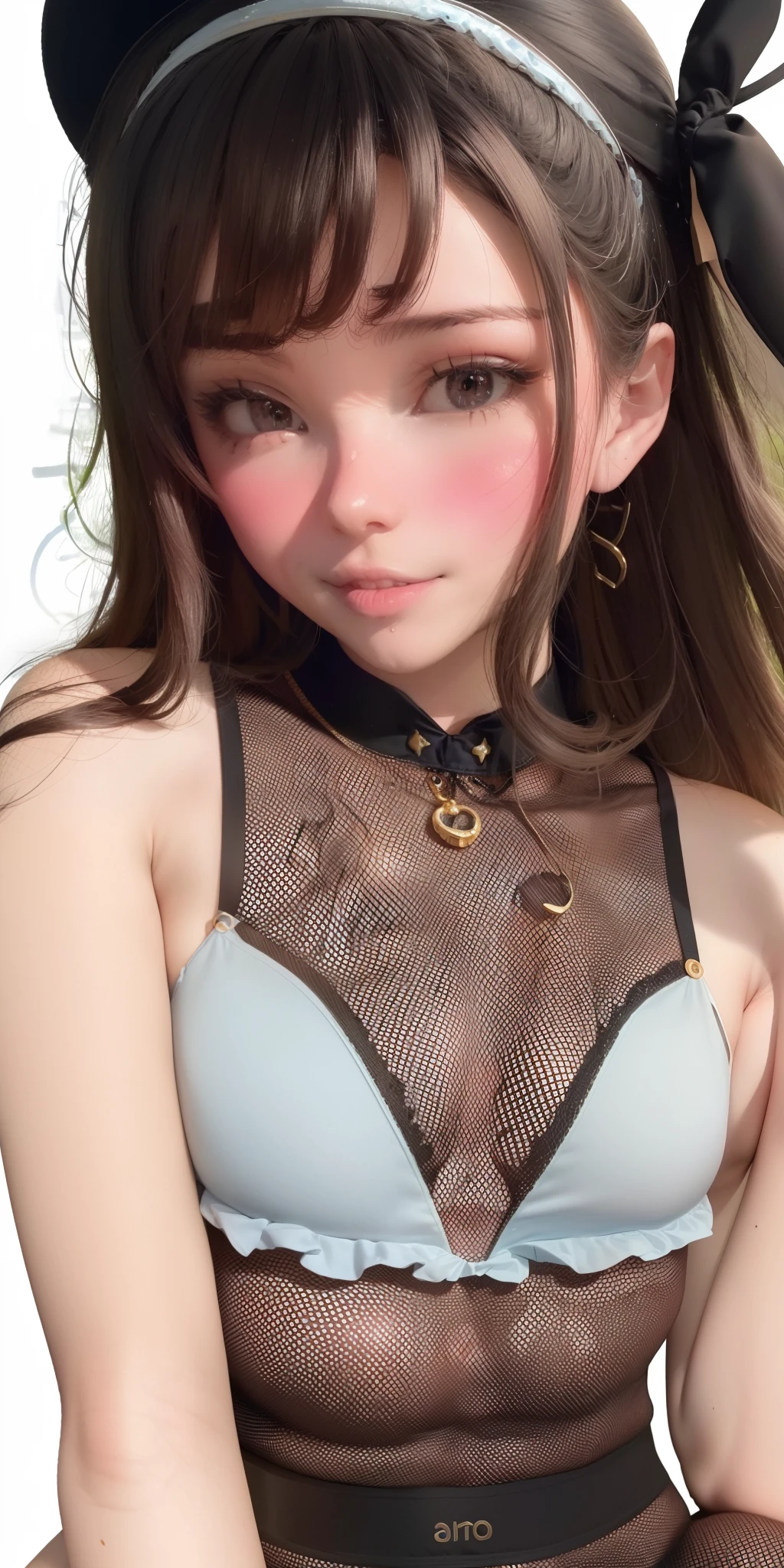 A close up of a woman in a fishnet top and a cat ears - SeaArt AI