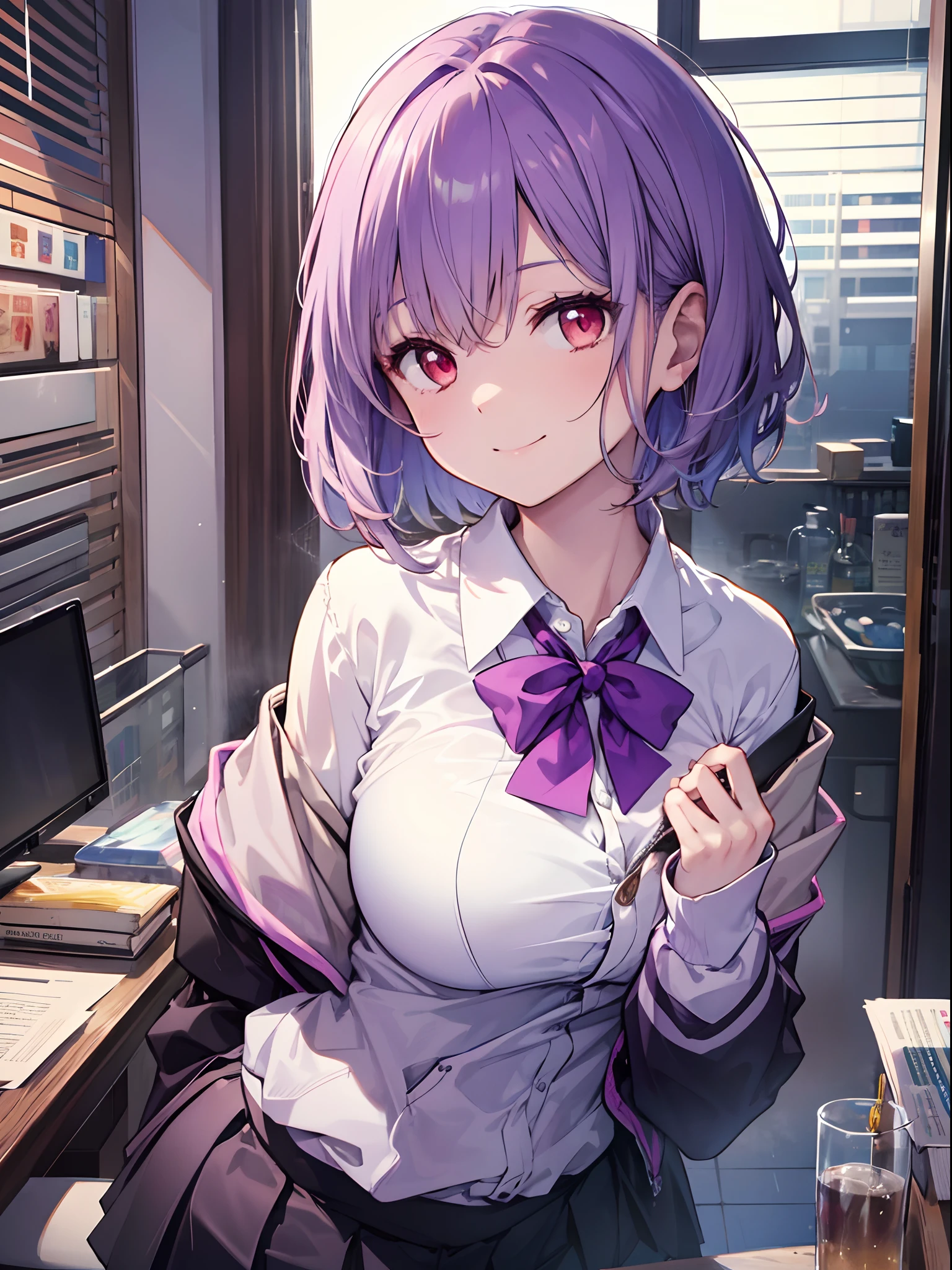 superfine illustration,(perfect anatomia), anime illustrated,​masterpiece, top-quality, hight resolution, 
1girl in, (Chiquita:1.2),aaakane, short hair, red eyes, large breasts, purple bowtie, collared shirt, white shirt, off shoulder, purple jacket, partially unzipped, long sleeves, sleeves past wrists, pleated skirt, black skirt, pantyhose, 
Smile,

Looking at Viewer, Focus,