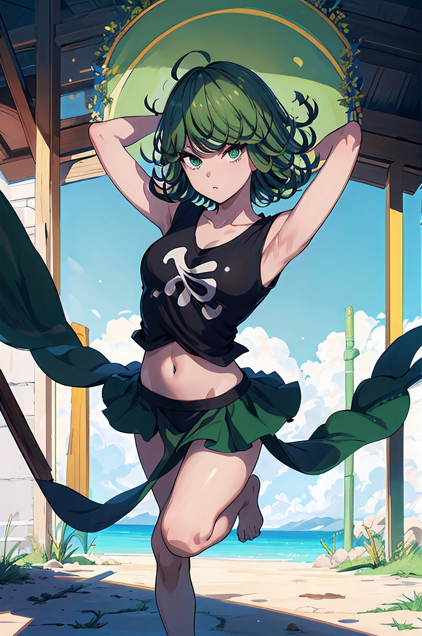 obra maestra, mejor calidad, 1girl, solo, pechos, looking_a t_viewer, rubor, medium_breasts, full_body, acostado, en _back, axilas, arms_up, covered_navel, camiseta larga, cabello verde, (tatsumaki: 1.7)