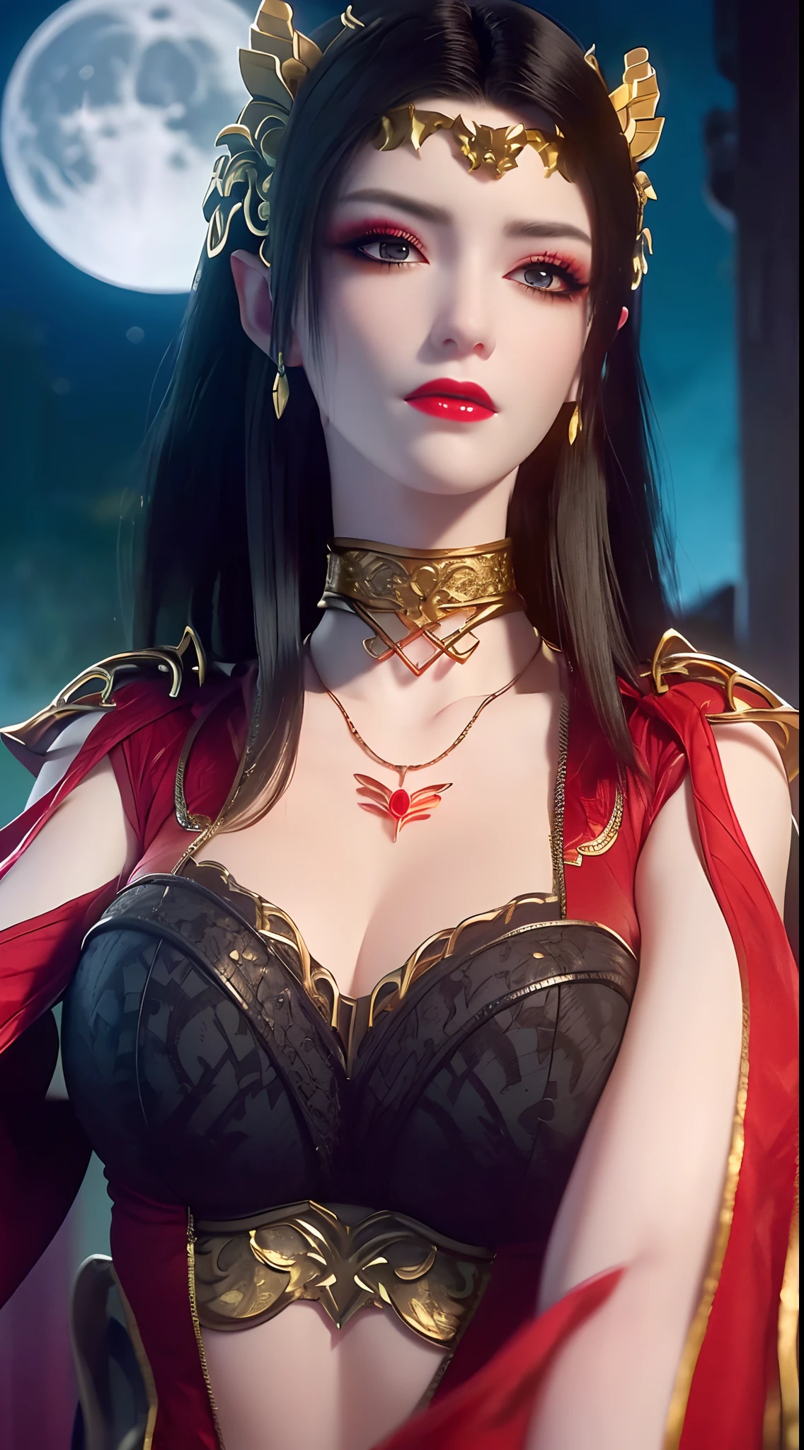 1 reina extremadamente hermosa, ((Viste un traje tradicional hanfu rojo con finos patrones negros.:1.6)), (((Patrones en la ropa:1.6))), ((pelo largo y negro:1.6)), joyas elaboradamente hechas de piedras preciosas y cabello hermoso, ((usando un collar de encaje de oro de 24k:1.4))), El noble, estilo noble de una chica extremadamente hermosa, su carita es super linda, Su cara es muy bonita, cejas finas, cara hermosa e impecable, ((pupilas de ojos morados: 0.8)), ojos muy hermosos, ((ojos azul platino: 1.6)), (((Los ojos bien abiertos:1.6))), Bonito maquillaje y pestañas detalladas en el cabello., maquillaje de ojos humeante, Nariz alta, pendientes, labios rojos, ((boca cerrada: 1.5)) hermosos labios, manos delgadas, muslos más hermosos, ((brazos extendidos a los lados: 1.5)), cara sonrosada, cara limpia, cara hermosa e impecable, piel blanca y suave, (pechos grandes: 1.5)), ((pechos altos: 1.6)), pechos apretados, hermoso escote, (((pechos grandes and super round: 1.8))), ((super pechos apretados: 1.7)) , Hermosos pechos, cuerpo perfecto, brazos traseros, pecho afuera, medias finas de malla negra con ribete de encaje negro, foto 8k, super alta calidad, Súper realista, súper 10x píxeles, óptico, Estudio luminoso, bordes brillantes, dual-tone Encendiendo, (piel con mucho detalle:1.2), super 8k, soft Encendiendo, alta calidad, volumetric Encendiendo, Fotorrealista, Fotorrealista high resolution, Encendiendo, Mejor foto, 4k, calidad 8k, Efecto de desenfoque, Suave y afilado, 10 x píxeles, ((mar y luz de la luna en el fondo de la noche:1.5)), Aurora, iluminación, súper gráficos realistas, gráficos más realistas, 1 chica, alone, solo, Imagen extremadamente nítida, surreal, (((retrato frontal: 1)))."