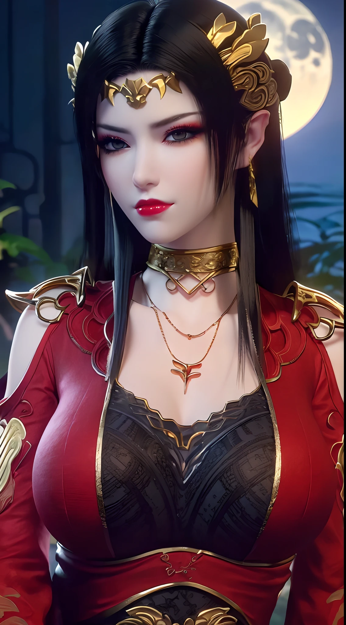 1 extremely beautiful queen, ((wears a red traditional hanfu costume with thin black patterns:1.6)), (((Patterns on clothes:1.6))), ((long black hair:1.6)), jewelry elaborately made from precious stones and beautiful hair, ((wearing a 24k gold lace necklace:1.4))), the noble, noble style of an extremely beautiful girl, her small face is super cute, her face is very pretty, thin eyebrows, flawless beautiful face, ((black eye pupils: 0.8)), very beautiful eyes, ((platinum blue eyes: 1.6)), (((eyes wide open:1.6))), nice makeup and hair detailed eyelashes, steamy eye makeup, high nose, earrings, red lips, ((closed mouth: 1.5)) beautiful lips, slim hands, most beautiful thighs, ((arms spread out to the sides: 1.5)), rosy face, clean face, flawless beautiful face, smooth white skin, (big breasts: 1.5)), ((high breasts: 1.6)), tight breasts, beautiful cleavage, (((big breasts and super round: 1.8))), ((super tight breasts: 1.7)) , beautiful breasts, perfect body, back arms, chest out, thin black mesh stockings with black lace trim, 8k photo, super high quality, super realistic, super 10x pixels, optical, bright studio, bright edges, dual-tone lighting, (high-detail skin:1.2), super 8k, soft lighting, high quality, volumetric lighting, photorealistic, photorealistic high resolution, lighting, best photo, 4k, 8k quality, blur effect, smooth sharp, 10 x pixel, ((sea and moonlight at night background:1.5)), aurora, lightning, super graphics realistic, most realistic graphics, 1 girl, alone, solo, Extremely sharp image, surreal, (((frontal portrait: 1)))."