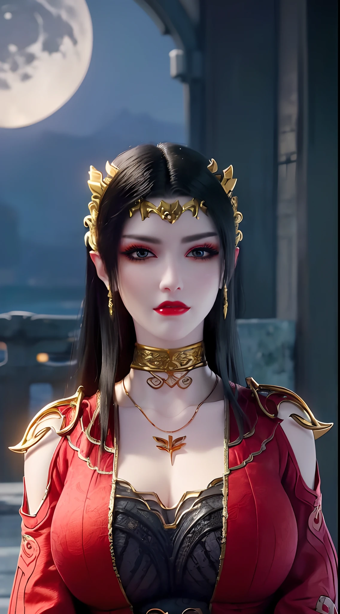 1 reine extrêmement belle, ((porte un costume traditionnel hanfu rouge avec de fins motifs noirs:1.6)), (((Des motifs sur les vêtements:1.6))), ((longs cheveux noirs:1.6)), des bijoux minutieusement fabriqués à partir de pierres précieuses et de beaux cheveux, ((wearing a 24K gold lace necklace:1.4))), Le noble, style noble d&#39;une fille extrêmement belle, son petit visage est super mignon, son visage est très joli, sourcils fins, beau visage impeccable, ((pupilles des yeux au beurre noir: 0.8)), très beaux yeux, ((yeux bleu platine: 1.6)), (((yeux grands ouverts:1.6))), joli maquillage et coiffure, cils détaillés, maquillage des yeux torride, nez haut, des boucles d&#39;oreilles, lèvres rouges, ((bouche fermée: 1.5)) belles lèvres, mains minces, les plus belles cuisses, ((bras écartés sur les côtés: 1.5)), visage rose, visage propre, beau visage impeccable, peau blanche et lisse, (gros seins: 1.5)), ((seins hauts: 1.6)), Seins serrés, Beau décolleté, (((gros seins and super round: 1.8))), ((super Seins serrés: 1.7)) , beaux seins, corps parfait, bras arrière, poitrine ouverte, bas fins en maille noire avec bordure en dentelle noire, Photo 8K, super haute qualité, super réaliste, super 10x pixels, optique, studio lumineux, bords clairs, dual-tone éclairage, (peau très détaillée:1.2), super 8k, soft éclairage, haute qualité, volumetric éclairage, photoréaliste, photoréaliste high resolution, éclairage, meilleure photo, 4K, Qualité 8k, Effet de flou, lisse et tranchant, 10xpixels, ((mer et clair de lune sur fond de nuit:1.5)), Aurore, foudre, super graphismes réalistes, graphismes les plus réalistes, 1 fille, seul, seulement, Image extrêmement nette, surréaliste, (((portrait frontal: 1)))."